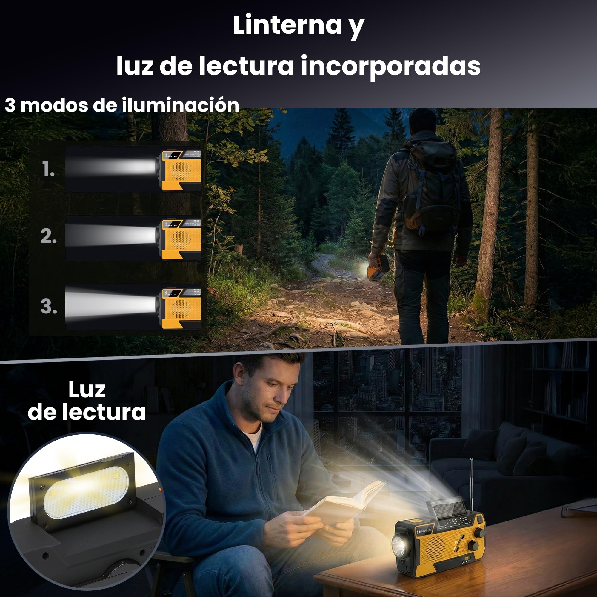 Extralink Radio Solar de Emergencia con Manivela, Función de Carga de 4000 mAh con Cables de Carga Integrados, FM/Am, Linterna LED & Luz de Lectura, Alarma SOS – para Camping y Supervivencia