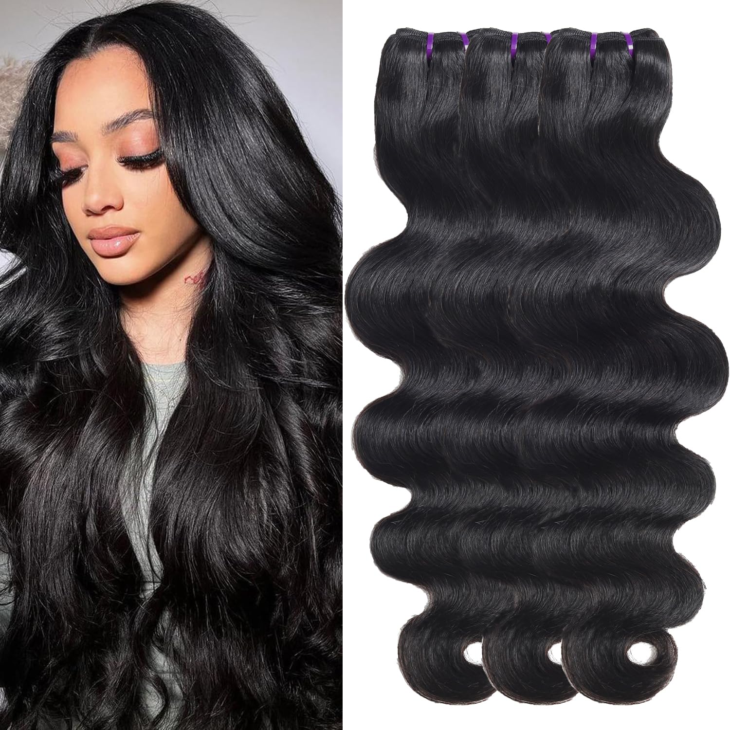 Vanlov 16A Body Wave Human Hair Bundles 100% Unprocessed Raw Hair 3 Bundles (28 28 28) Brazilian Remy Hair Bundles Natural Black Color
