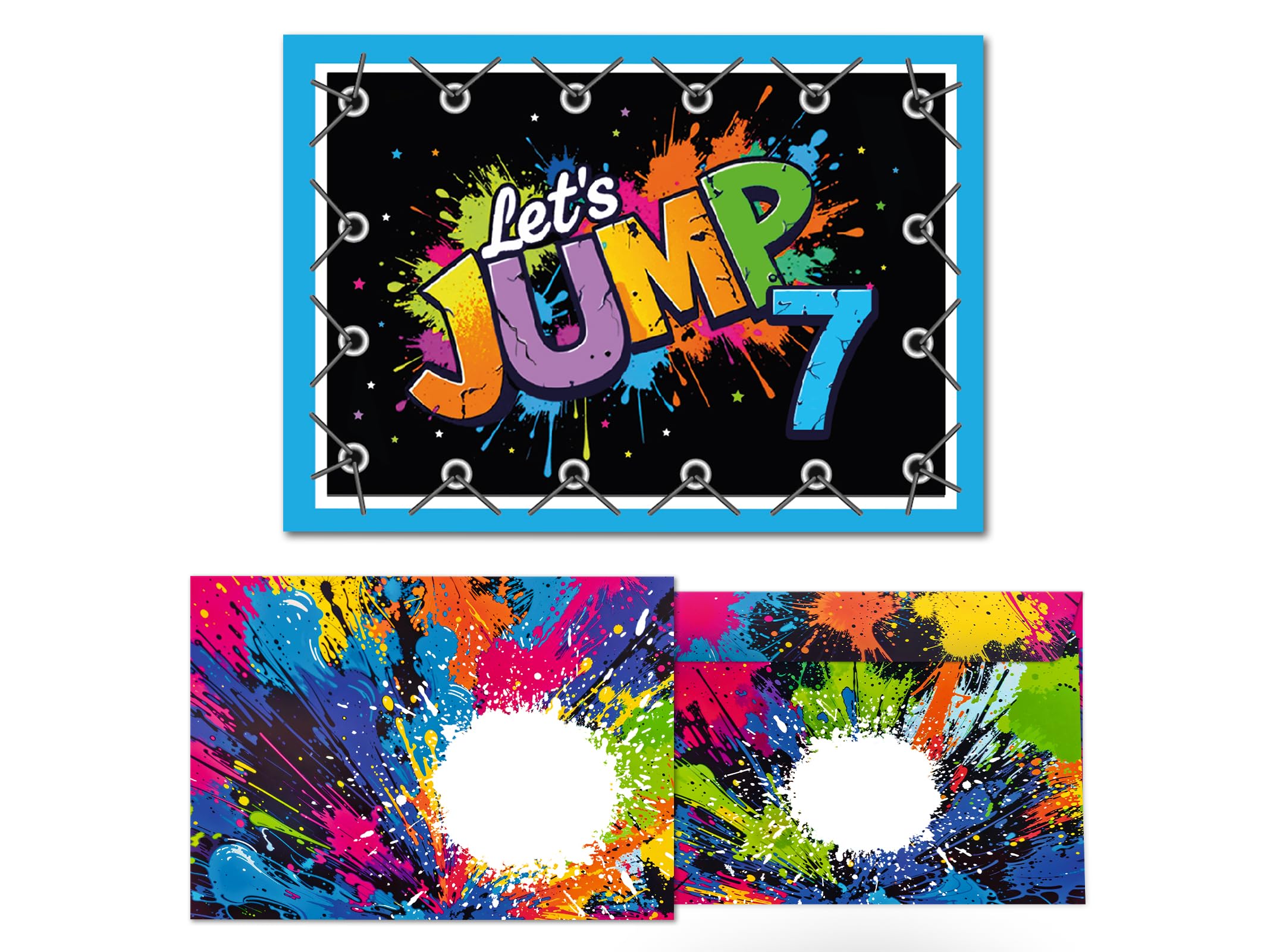 Junaversum 12 Einladungskarten inkl. 12 Umschläge zum 7. Kindergeburtstag Jump Party Mädchen Jungen Kinder coole bunte Einladungen siebte Geburtstag Geburtstagseinladungen Kids