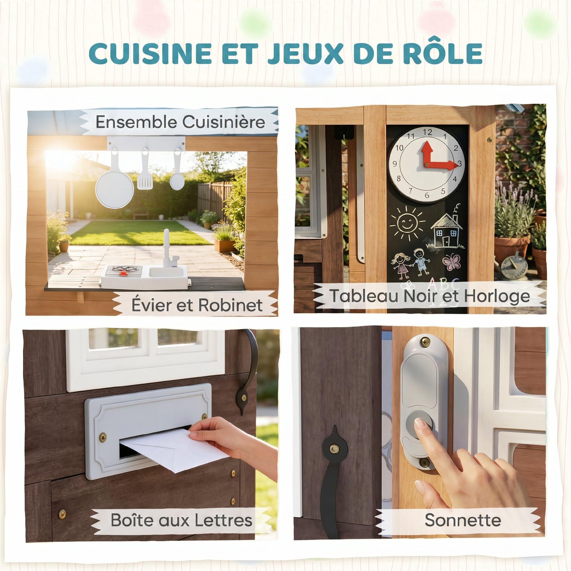 AIYAPLAY Cabane Enfant extérieur en Bois, Maison Enfant extérieure/intérieure avec chatière, Cuisine de Jeu, boîte aux Lettres, Sonnette, nichoir et clôture, pour 2-5 Ans, 165x116,5x163,5cm, Marron