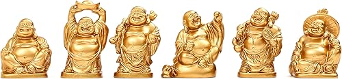 BRABUD BS019 - Juego de 6 figuras de estatua de Buda sonriente de resina dorada de 2 pulgadas disponible en Yaxa Colombia