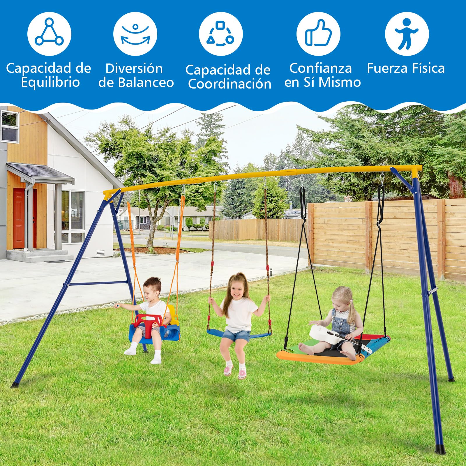 GOPLUS Columpio de Exterior de 3 plazas, Capacidad de Carga 300 kg con cinturón Ajustable, Columpio de Surf y Asiento de Columpio de bebé para jardín y terraza, para niños de 3-10 años