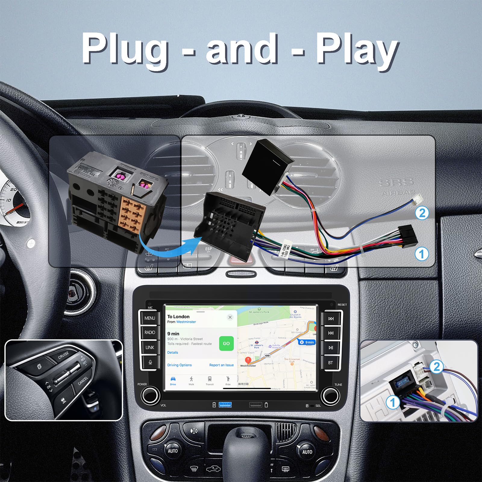 Autoradio con schermo compatibile con VW Golf 5/6, Passat, Skoda, Polo, T5, Jetta e altri modelli | CarPlay e Android Auto wireless integrati | Supporta AM/FM/RDS, USB, Bluetooth
