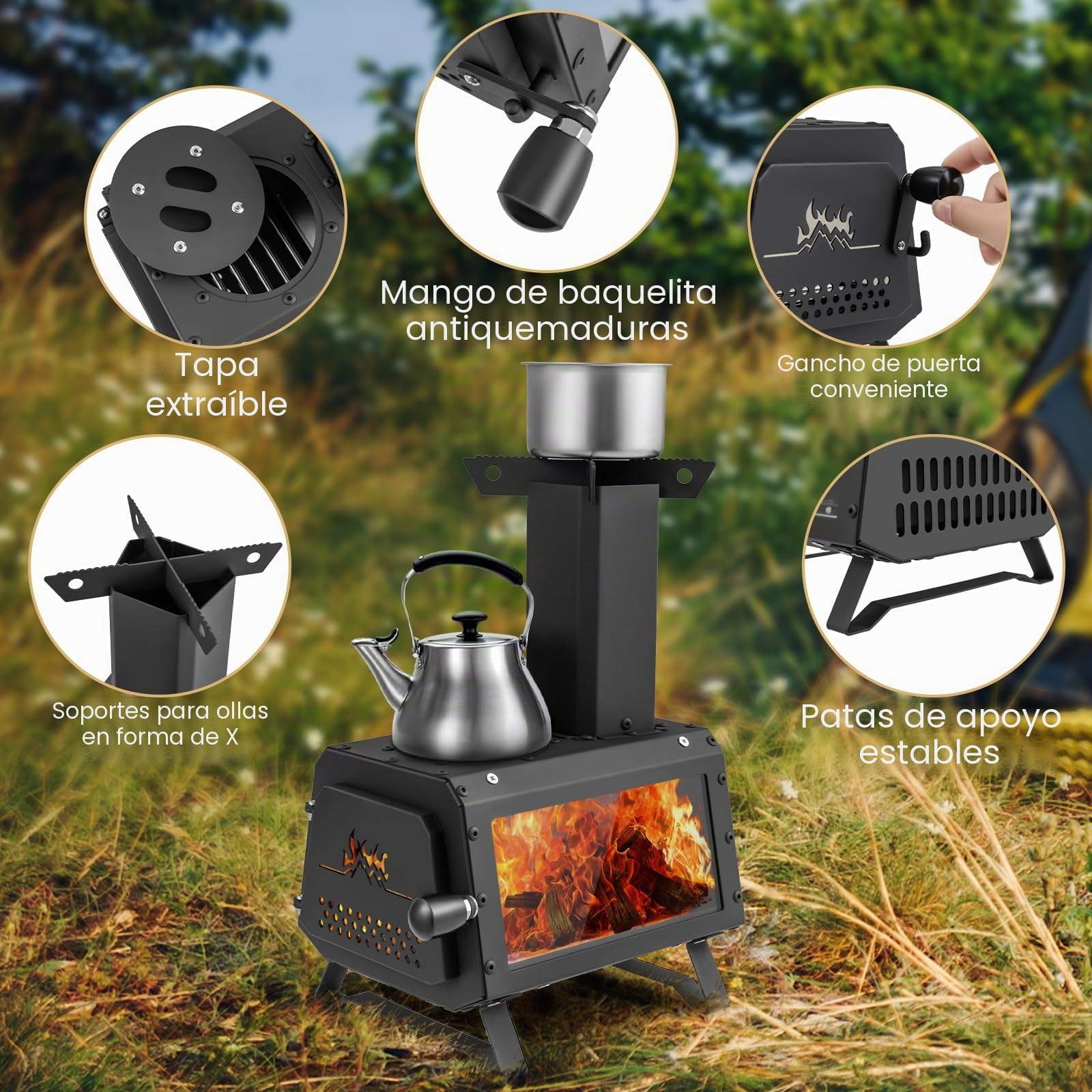 FANTASK Estufa de leña portátil, Estufa cohete para exteriores incl. 2 superficies de cocción con ventana de visualización y bandeja de cenizas, Estufa para tienda de campaña, Estufa de camping para