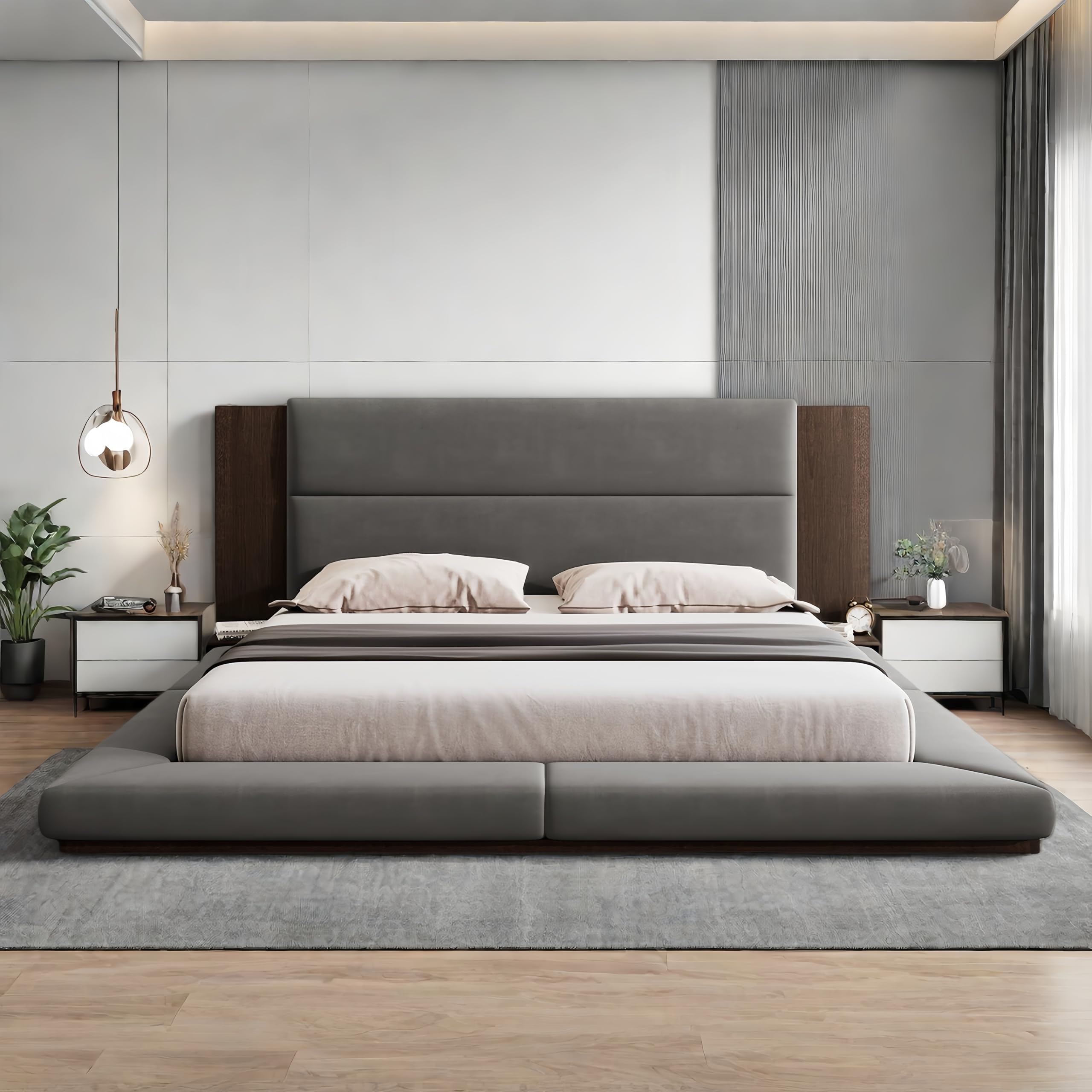 LUMISOL King Size Upholstered Floor Bed with Extended Wood Headboard & Bedside Shelf, Linen Upholstered Grounded Platform Bed Frame for Bedroom, No