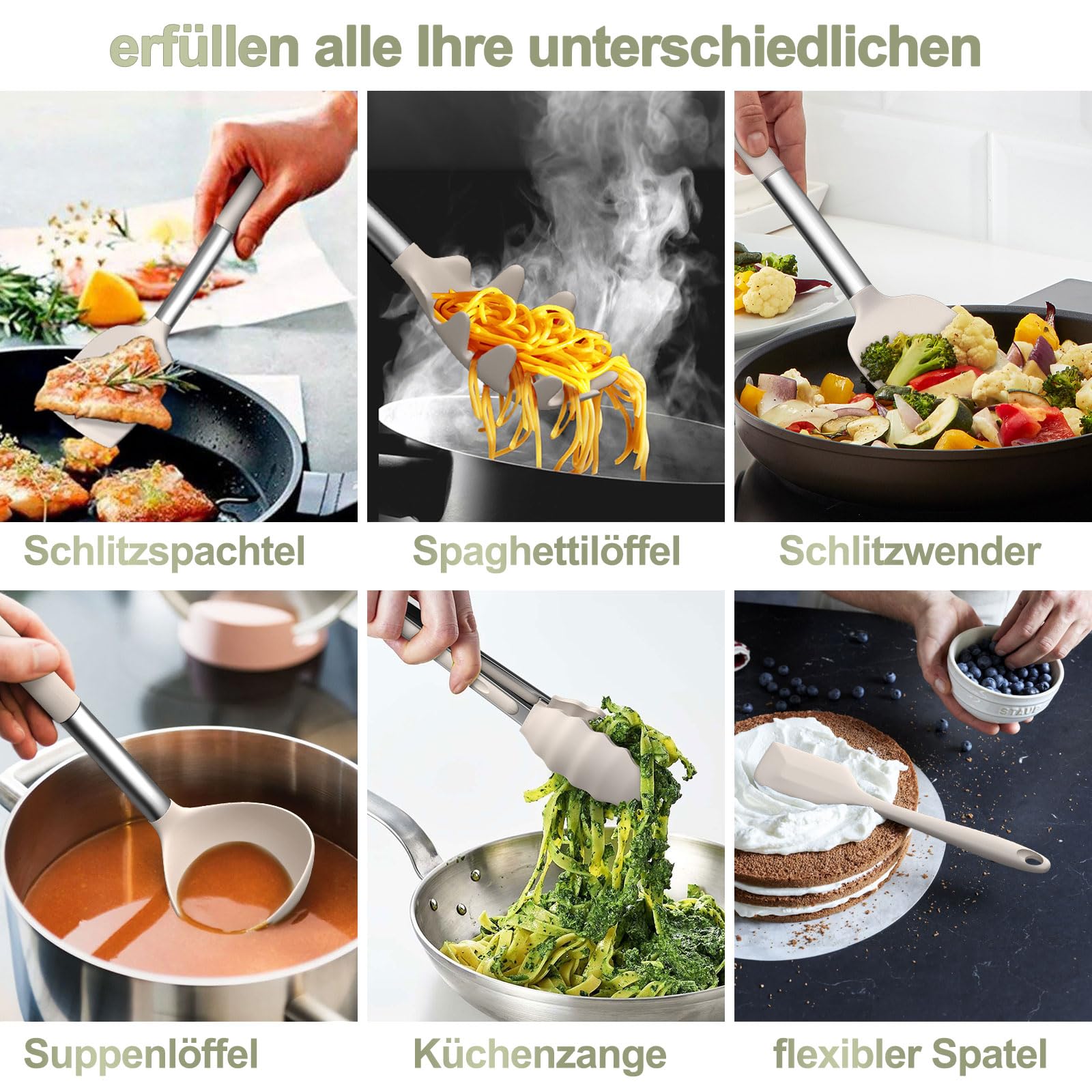 Lot de 26 ustensiles de cuisine en silicone résistants à la chaleur avec porte-ustensiles, anti-adhésif, avec poignée en acier inoxydable, passe au lave-vaisselle, kaki
