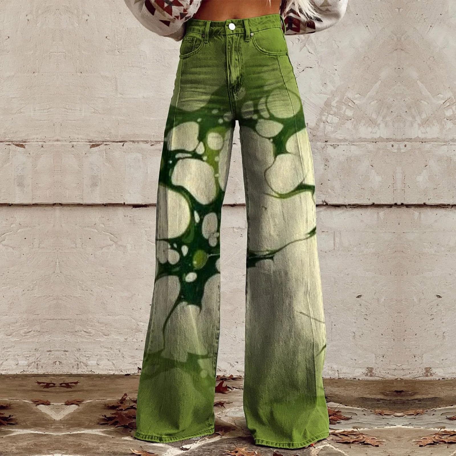 Bunte Schlaghose Damen Schlagjeans Stretch Retro 70er High Waist Baggy Jeans Bootcut Denim Oversize Streetwear Hose Vintage Hippie Freizeit Party Jahre Pants Freizeithose Lang Jeanshose Partyhose