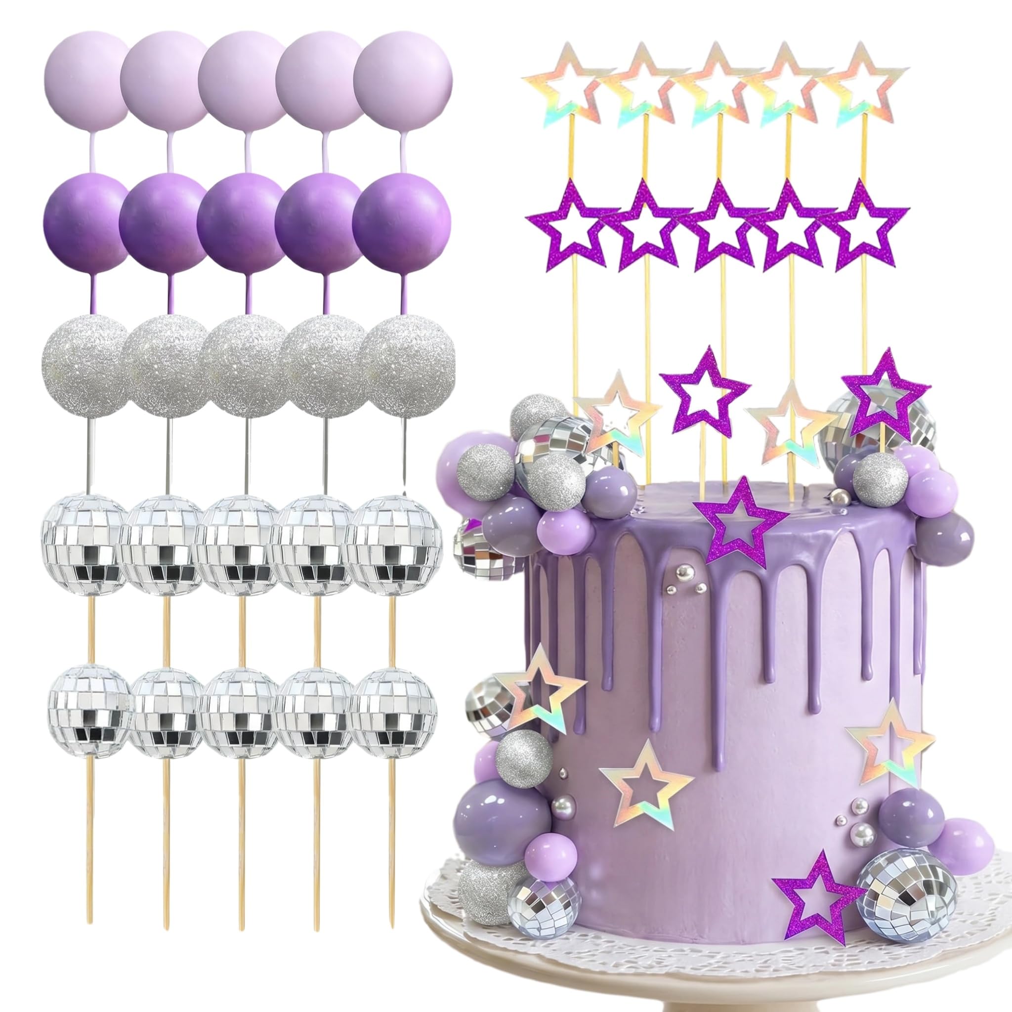 Disco Ball Cake Topper, 35Pcs Purple Cake Decoration