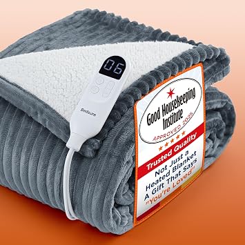 Bedsure Electric Blanket Heated Throw - Ribbed Flannel 130x160cm, Grey