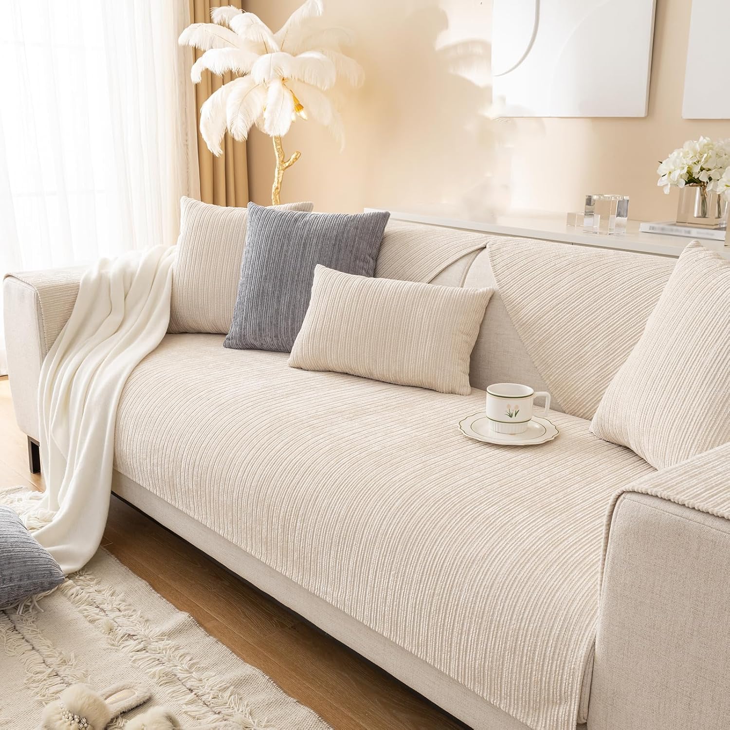 Solid Striped Textured Chenille Sofa Covers,Simple Striped Chenille Anti Scratch Couch Cover,Washable Anti-Slip Pet Couch Protector,Thin Chenille Couch Covers for Dogs,Pets,White-43"x94"/110x240cm