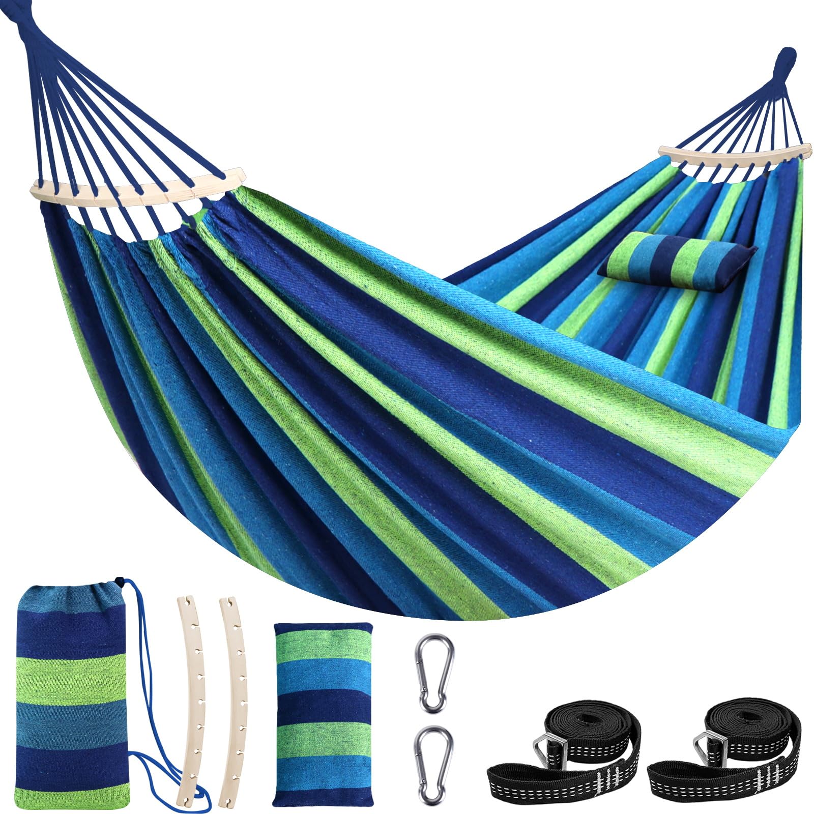 Chihee Hängematte aus Baumwolle weiche 300x150cm, atmungsaktive Camping-Hängematte Tragkraft bis zu 300 kg Tragbare Baumhängematten mit Abnehmbarer Spreizstange Kissen2 Starke Gurte 2 Karabinerhaken