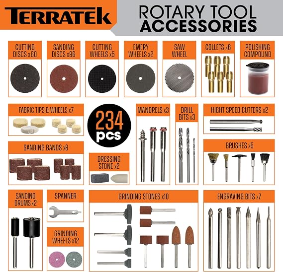 Terratek 135W Rotary Tool Kit, 234pc Set, Dremel Multi Tool Compatible