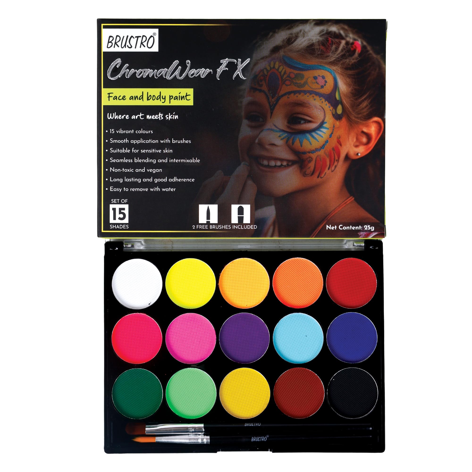 Brustro ChromaWear FX Face & Body Paint| 25g,Set of 15 Vibrant Shades|Includes 2 Free Brushes,Skin-Safe,Non-Toxic,Vegan|Face Art,Cosplay,Festivals and Stage Play for Adult and Kids (Above 3 Years old)-picture-13