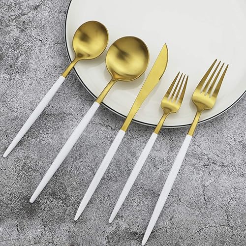 Miniatura 2 de Gugrida Juego de 20 piezas de cubiertos de acero inoxidable 1810, juego de vajilla de lujo para viajes, cubiertos de mesa incluye cuchillo, tenedor,