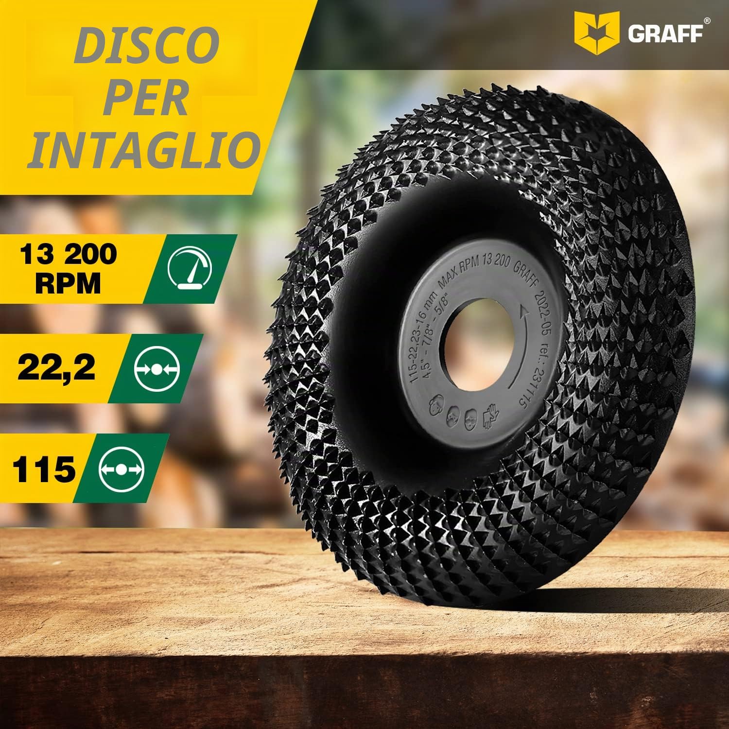 Intaglio Legno Mola Disco 115mm x 22.23mm – Disco Raspa per Intagliare e Levigatura Legno Conifere, Duro – Disco Abrasivo Lucidatura Modellatura – Mola per Smerigliatrice Angolare GRAFF