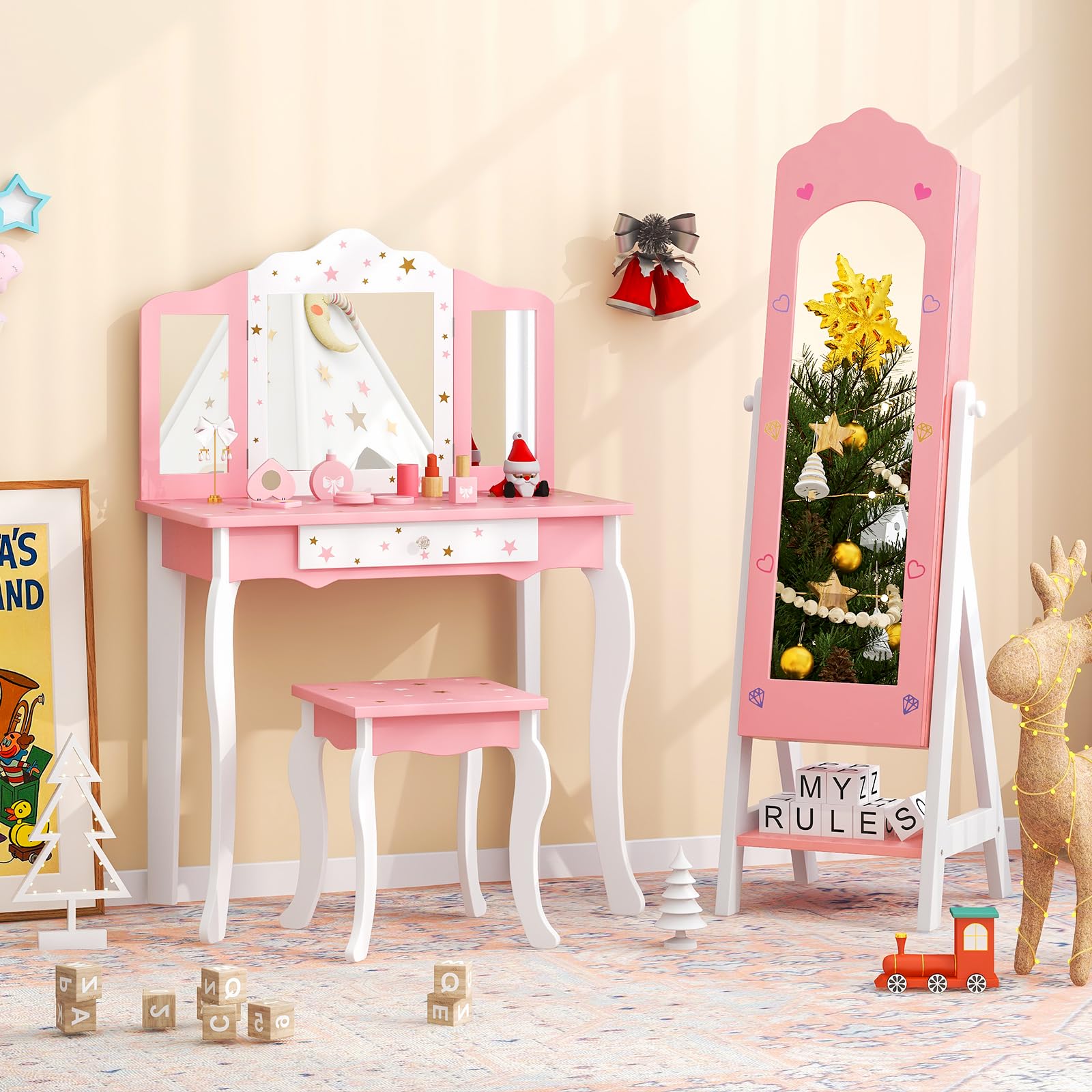 GLACER Kids Vanity, Kids Jewelry Armoire, Princess Makeup Dressing Table and Chair Set w/Tri-Folding Mirror & Full-Length Mirror, Pull-Out Drawers, Anti-toppling System, Kids Bedroom Furniture (Pink)