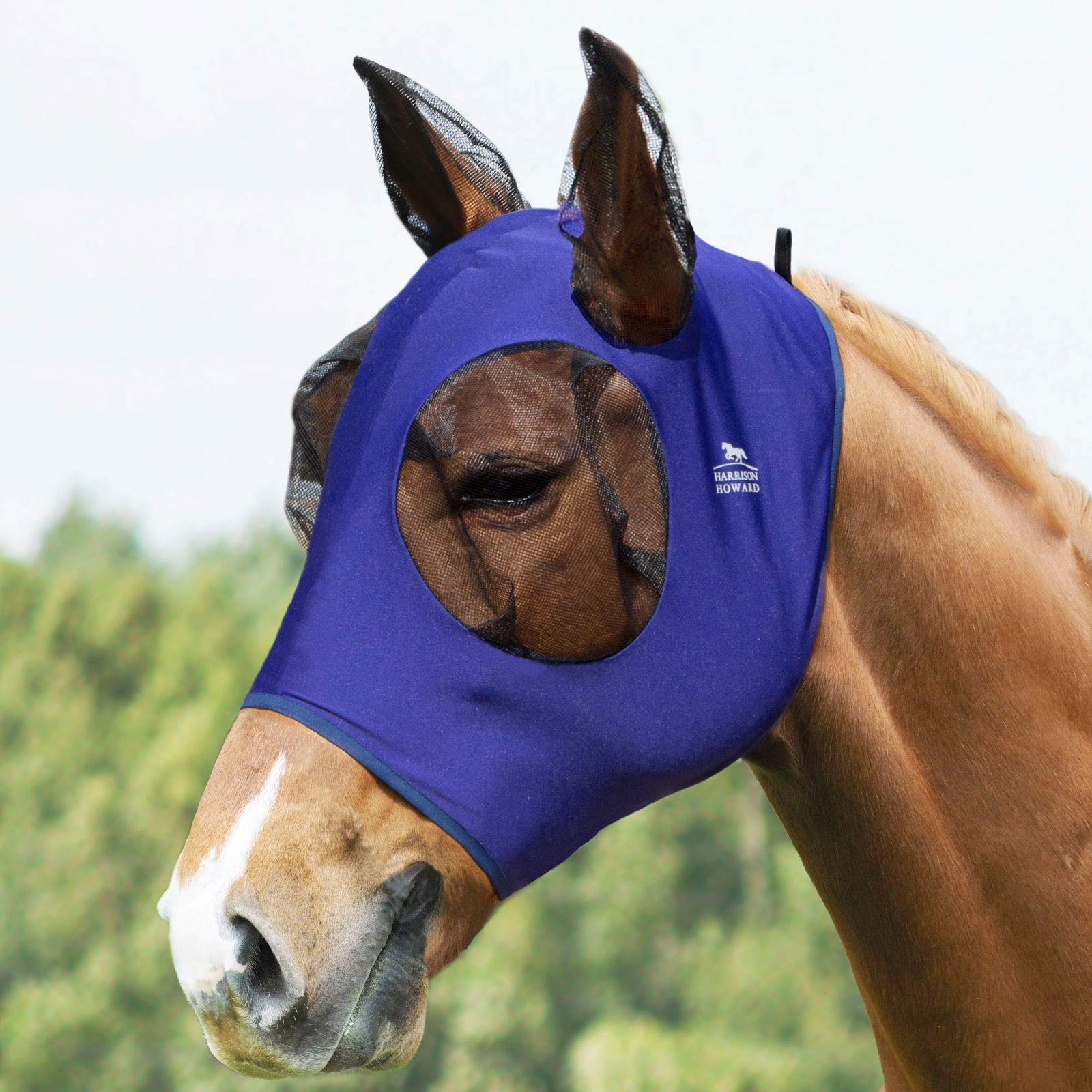 Harrison Howard Máscara elástica para moscas de caballo, excelente comodidad con protección UV, máscara estándar para caballos, azul marino