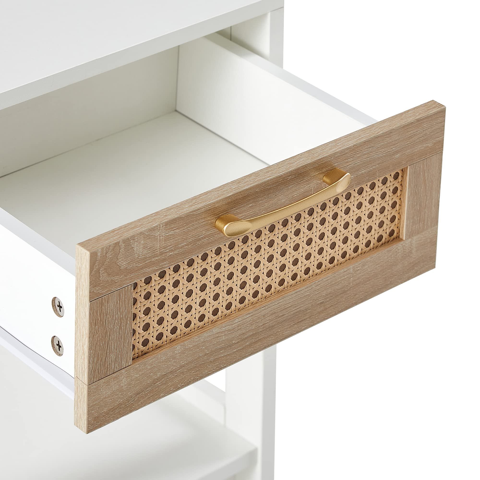 Comodino in rattan con cassetto, tavolino moderno per camera da letto, soggiorno e ufficio, piccolo comodino boho in legno, 40 x 40 x 55 cm, bianco