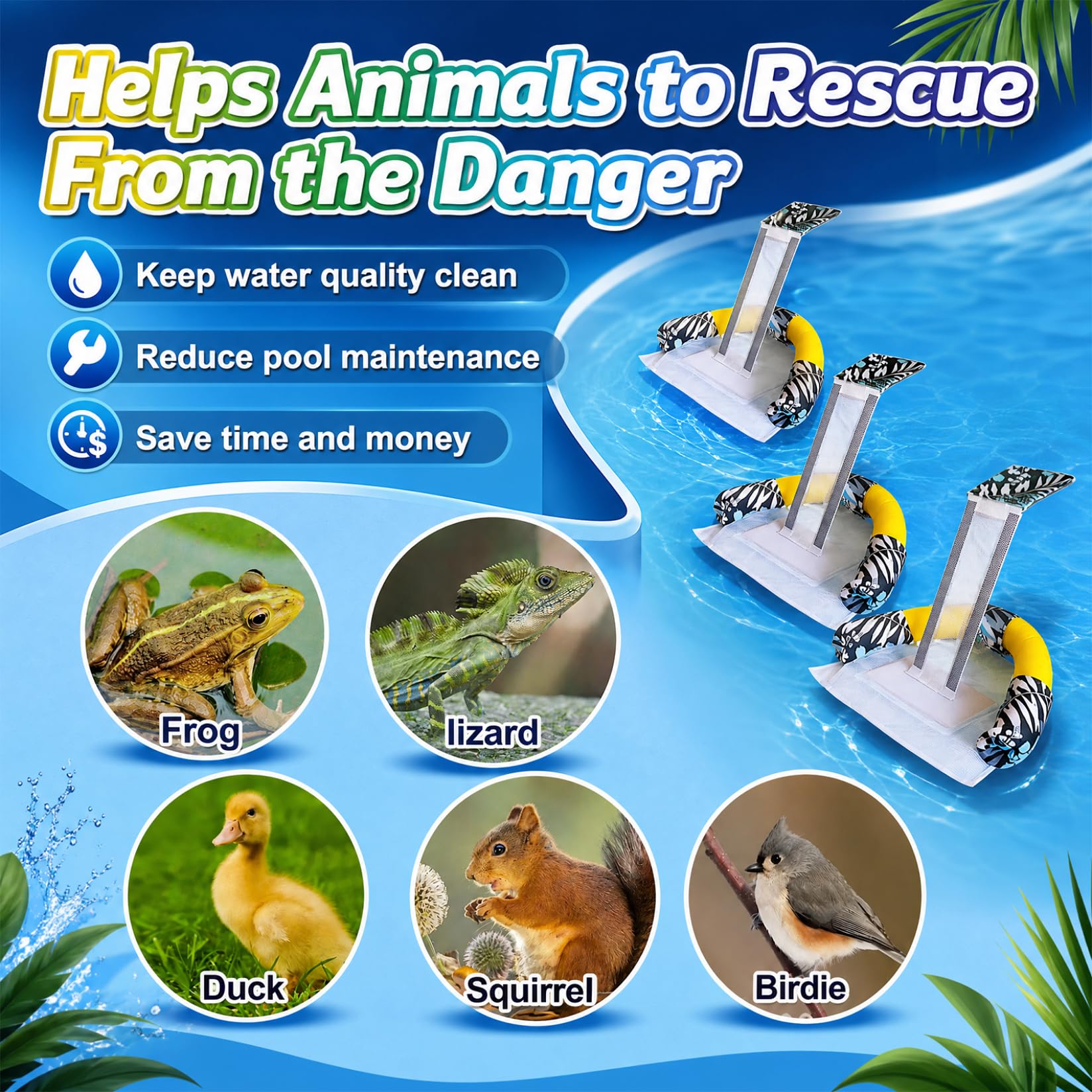 Entenrampe für Pool, Mesh-Pool, Tierfluchtrampe und Blattskimmer, Doppelfunktion für Frösche, Vögel, Enten, Eidechsen und mehr