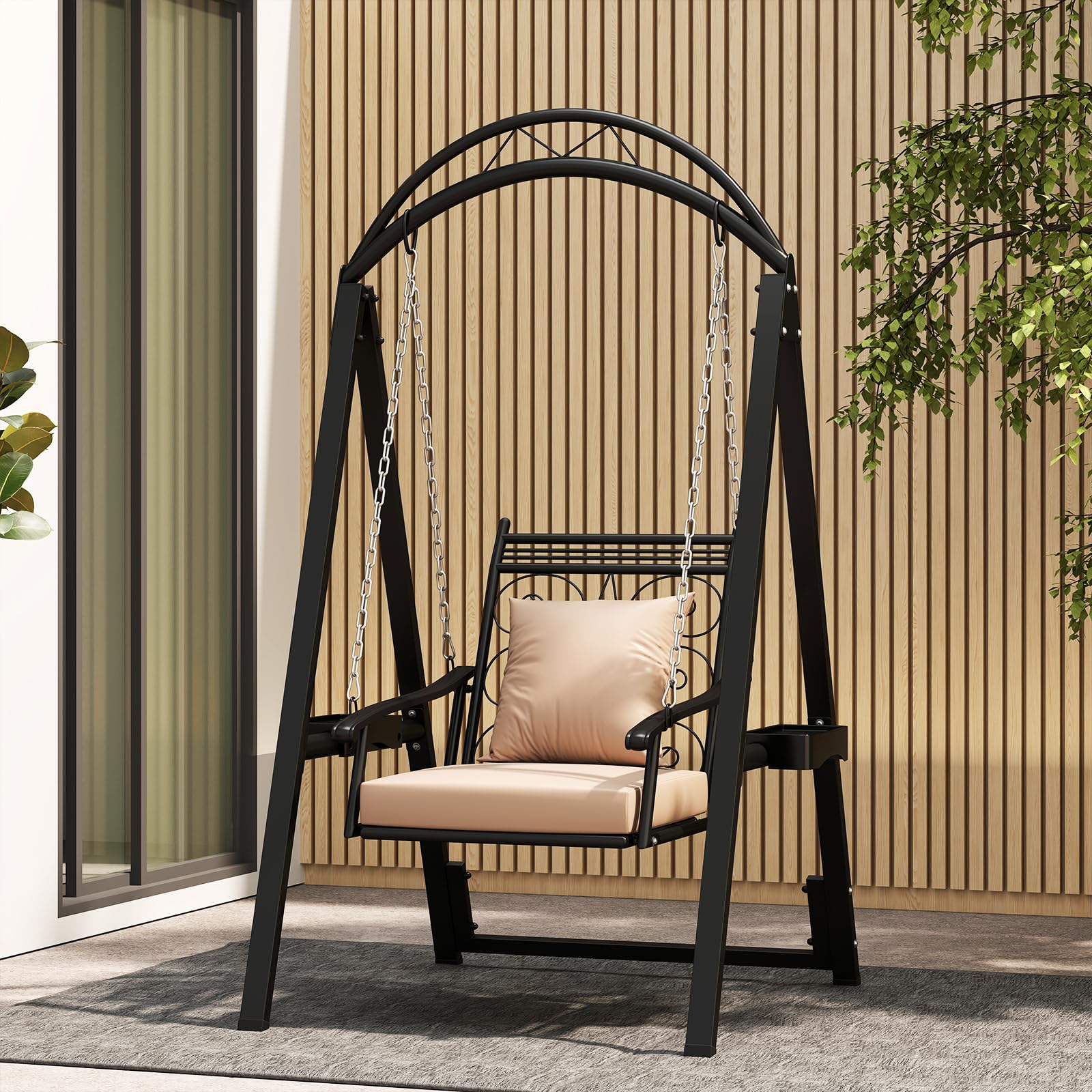 COSTWAY Outdoor Schaukel mit Gestell, Gartenschaukel Metall mit abnehmbaren Kissen & Seitentischen, bis 160 kg, Terrassenschaukel Schaukelgerüst für Garten, Balkon, Hinterhof (Schwarz)
