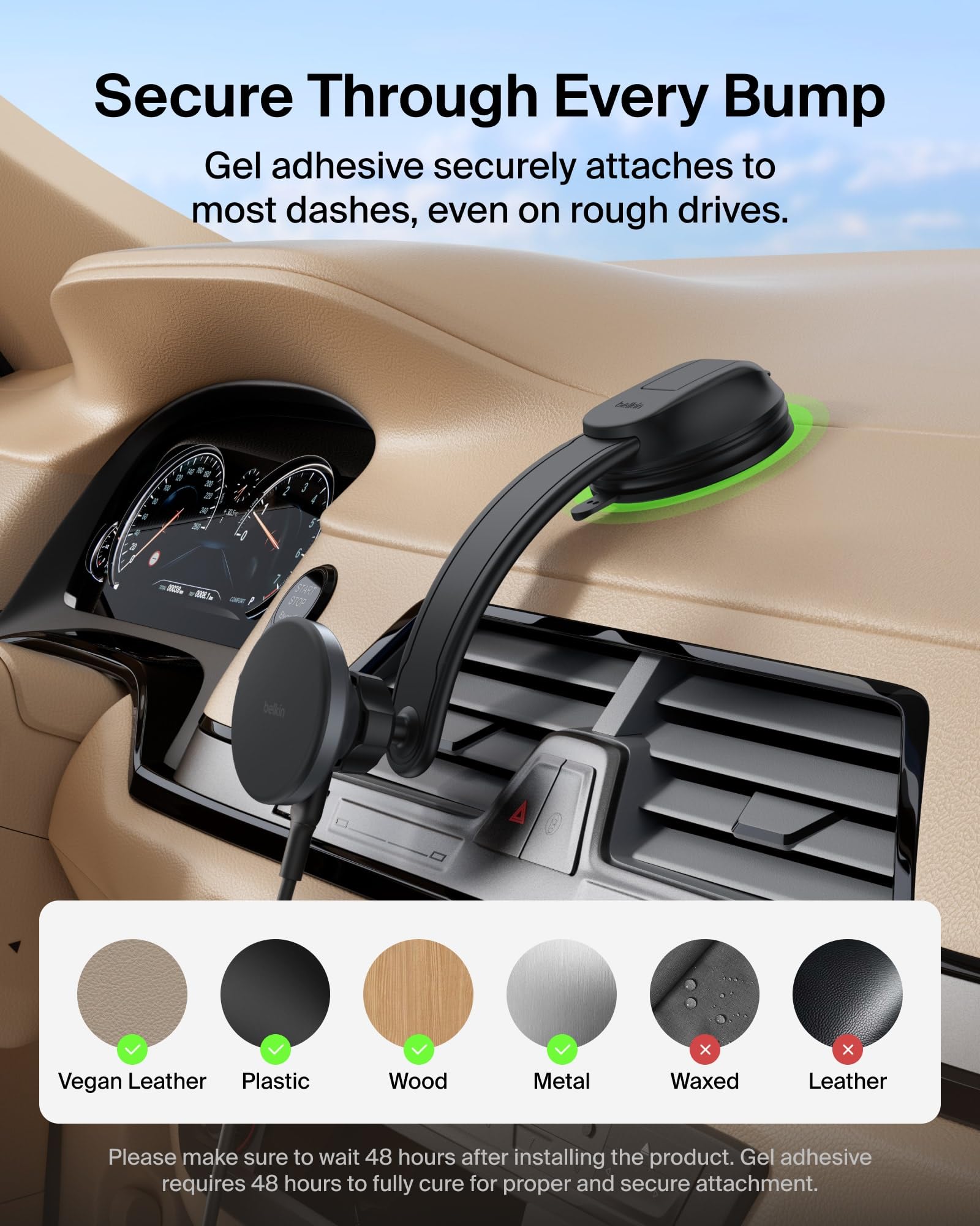 Belkin Caricatore da auto wireless, supporto magnetico per cruscotto con cavo USB C da 1 m, compatibile Qi2 MagSafe, caricabatterie per iPhone 17, Galaxy S25, Pixel 10 e altri, accessori da viaggio
