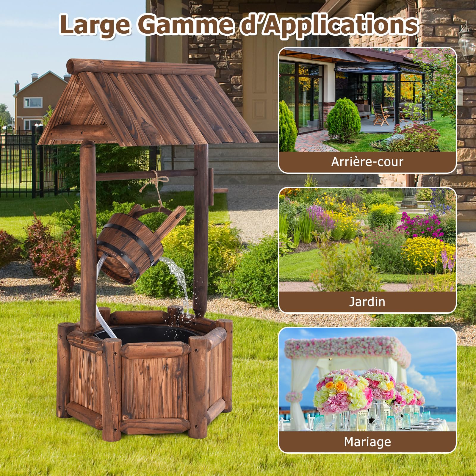 RELAX4LIFE Puits de Jardin en Bois de Sapin, Fontaine de Patio Décorative avec Pompe à Eau Électrique, Fontaine d'Ornement avec Surface Carbonisée et Design de Pavillon, 60X57X116CM