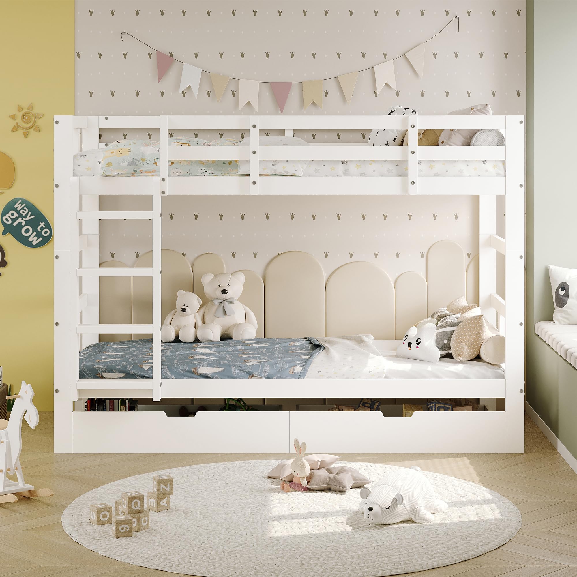 Hochbett 90x200, Etagenbett Doppelbett für 2 Kinder, Bett mit Rausfallschutz und Stauraum Lagerregal, Stockbett mit 2 Schubladen & Lattenrost,Weiß, Ohne Matratze