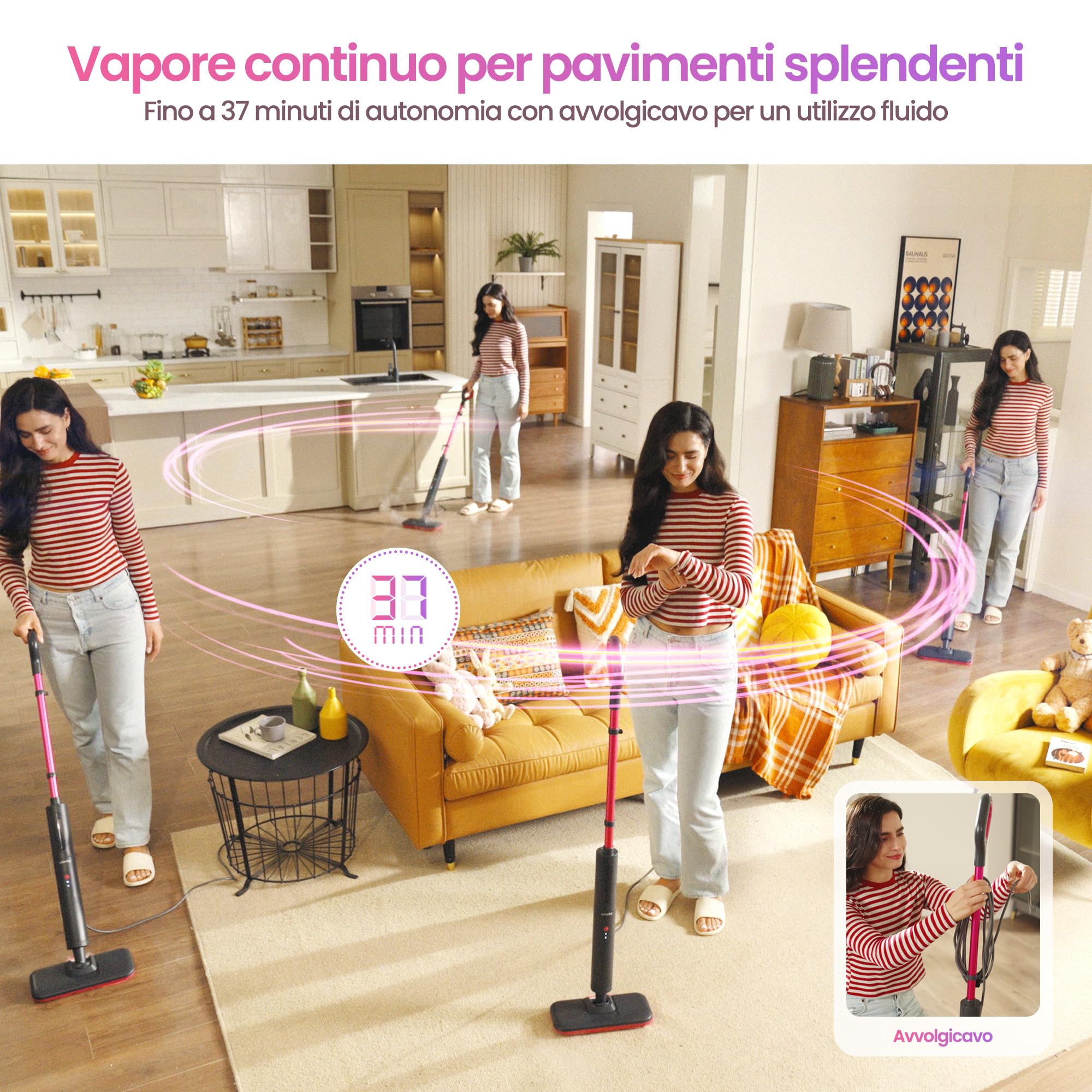 Schenley scopa a vapore – pronta in 10 s, pulizia senza chimici per pavimenti duri, piastrelle e laminato, panni lavabili, 3 livelli vapore per tappeti, autoportante
