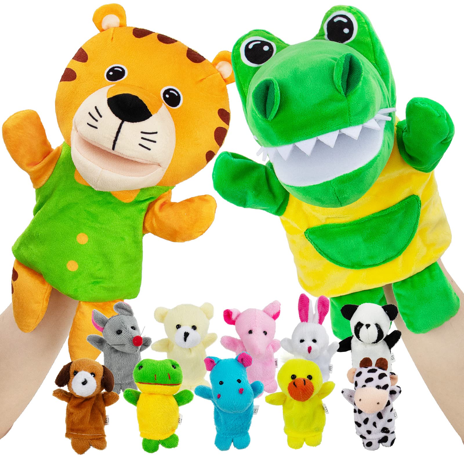 beetoy Puppets with 2 Hand Puppets & 10 Finger Puppets for Toddlers - Soft Plush Animal Puppet Toys for Kids, Mini Figures Toy Assortment, Party Favors for Shows, Bath Toys, Story Time, Playtime
