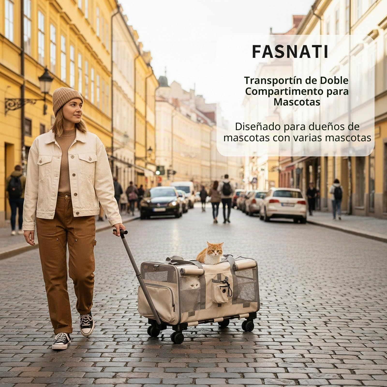 Transportín grande para gatos para 2 animales, transportador plegable con ruedas, compartimentos desmontables 2 en 1, con varita para gato y correa de almacenamiento
