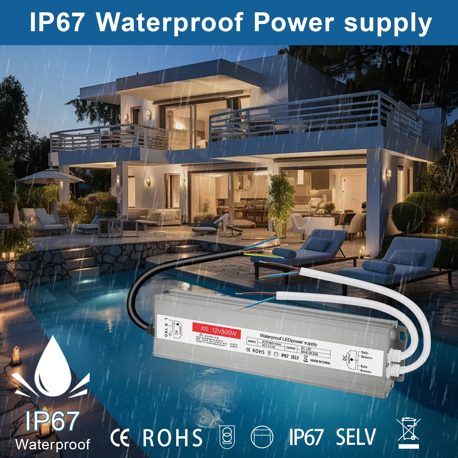 Trasformatore LED 12V 300W, Alimentatore 12v 25A, Trasformatore 220V 12v, Driver LED AC a DC, Impermeabile IP67/Senza Sfarfallio, LeD Alimentatore Driver Power Supply per G4, GU5.3, MR11, MR16