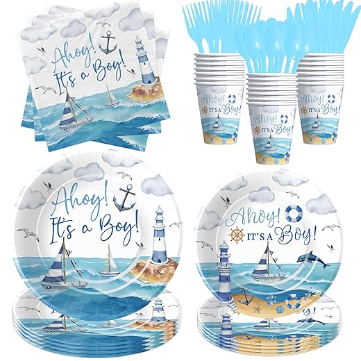 Ahoy Its A Boy Baby Shower Decorations Tableware - Nautical Baby Boy Decorations, Plate, Cup, Napkin, Disposable Cutlery, Anchor Nautical Party Supplies For Sailor Boat Baby Shower | 24 Guest