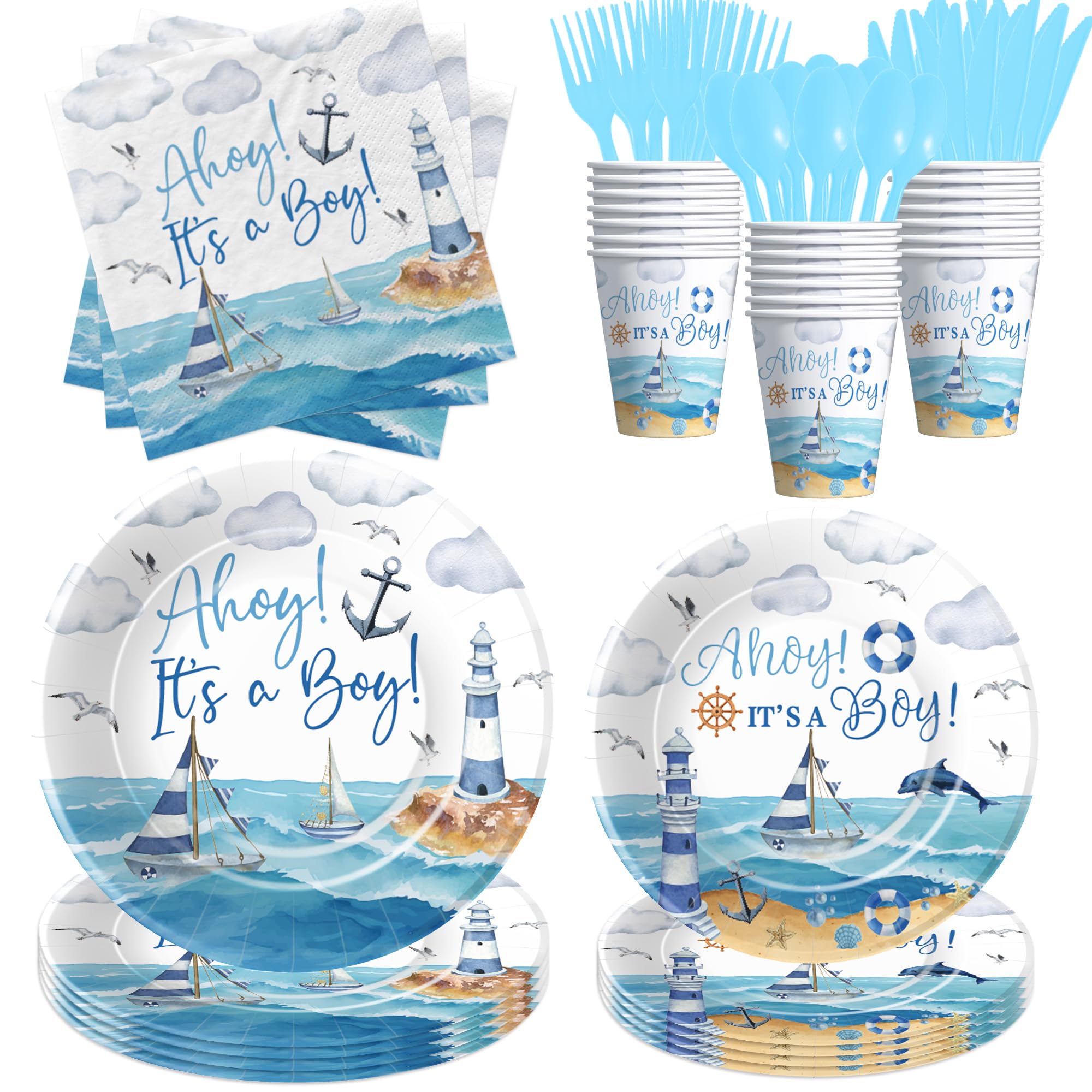Suhelkit Ahoy Its A Boy Baby Shower Decorations Tableware - Nautical Baby Boy Decorations, Plate, Cup, Napkin, Disposable Cutlery, Anchor Nautical