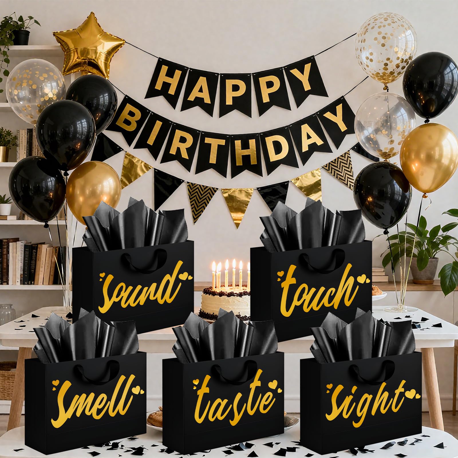 5 Senses Gift Bags for Him with Labels - Five Senses Birthday Party Decorations,Tissue Paper Rose Petals and Happy Birthday Banner Balloons for Husband Boyfriend Party Decor(Gold Black)