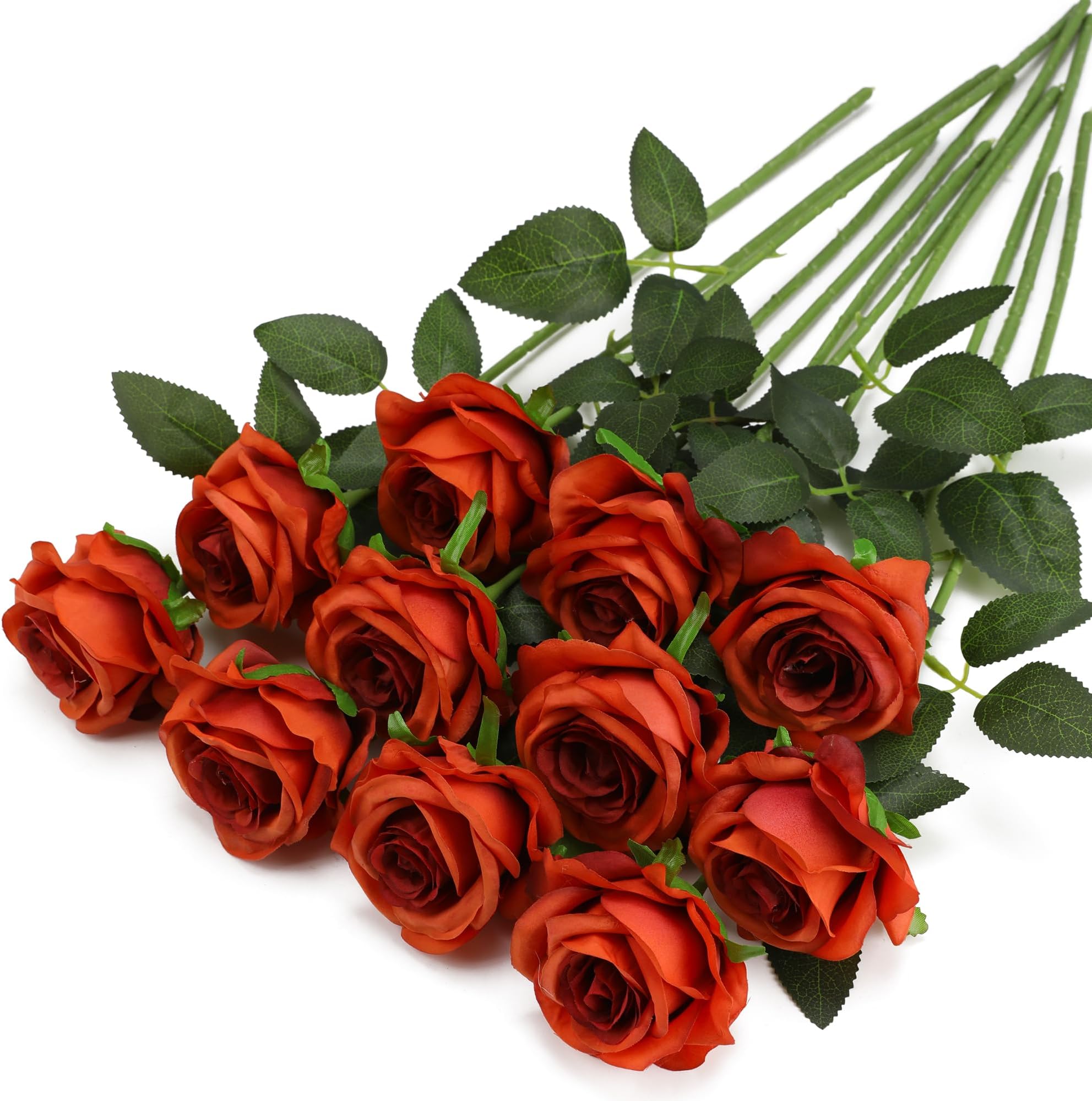 Orange Fake Roses Artificial Flowers - 10 Pcs Fake Artificial Roses Silk Flowers with Stems for Home Wedding Hotel Office Centerpiece Decor（Burnt Orange）
