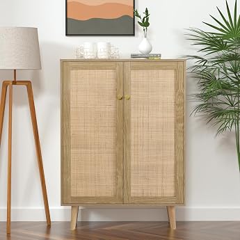 Kitchen Cabinet with 2 Rattan Doors Sideboard Storage Cabinet 80 x 34 x 112 | Buffet cabinet with adjustable shelves, solid w