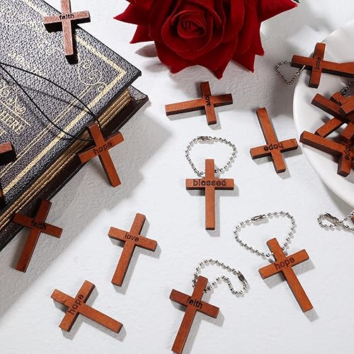 Miniatura 7 de 100 dijes de cruz de madera natural de 4 estilos para hacer joyas, recuerdos colgantes, llavero cruzado, pequeños colgantes de cruz de madera maciza