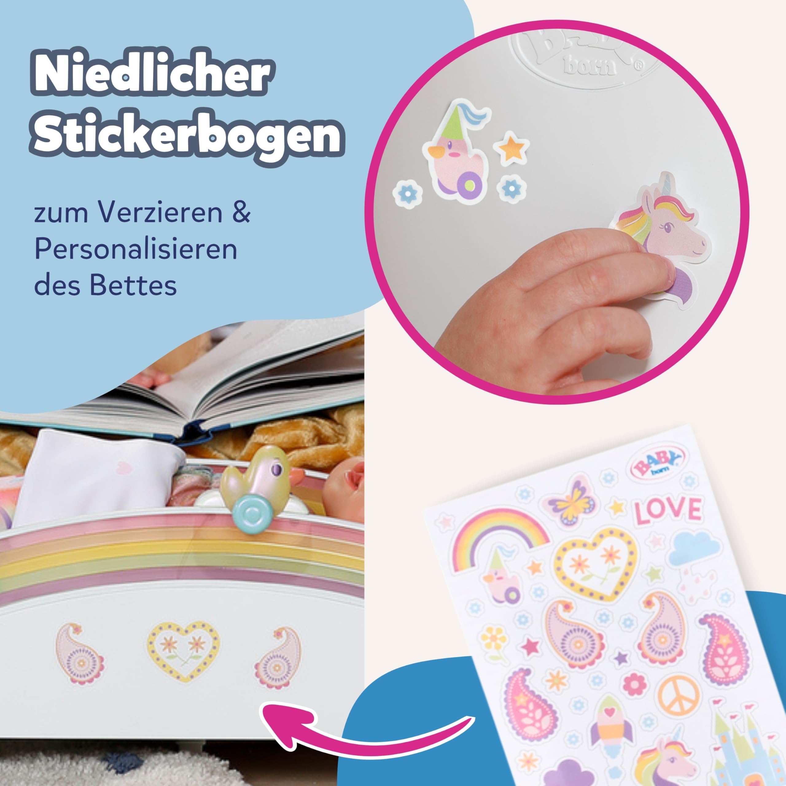 BABY born Regenbogenbett - Puppenbett mit Regenbogenlicht & beruhigender Einschlafmelodie - Hochwertiges Puppen Zubehör inkl. Wendebettwäsche & Stickern - Geeignet für Kinder ab 3 Jahren