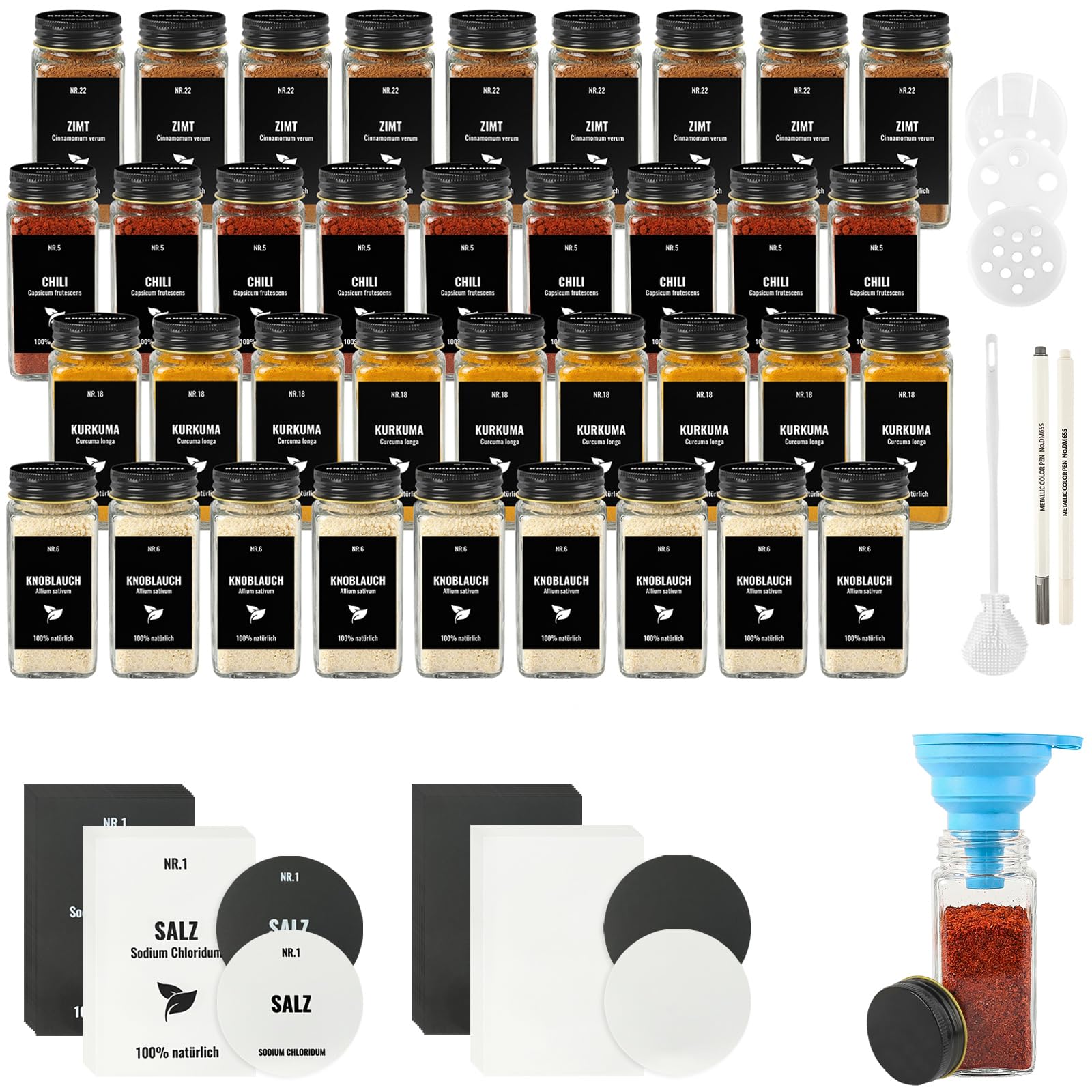 36 Piezas Botes Especias Cristal con Tapa de Aluminio, 120ml Frascos Especiarias Vidrio, Aptos para Cajones y Armarios de Cocina (Negro)