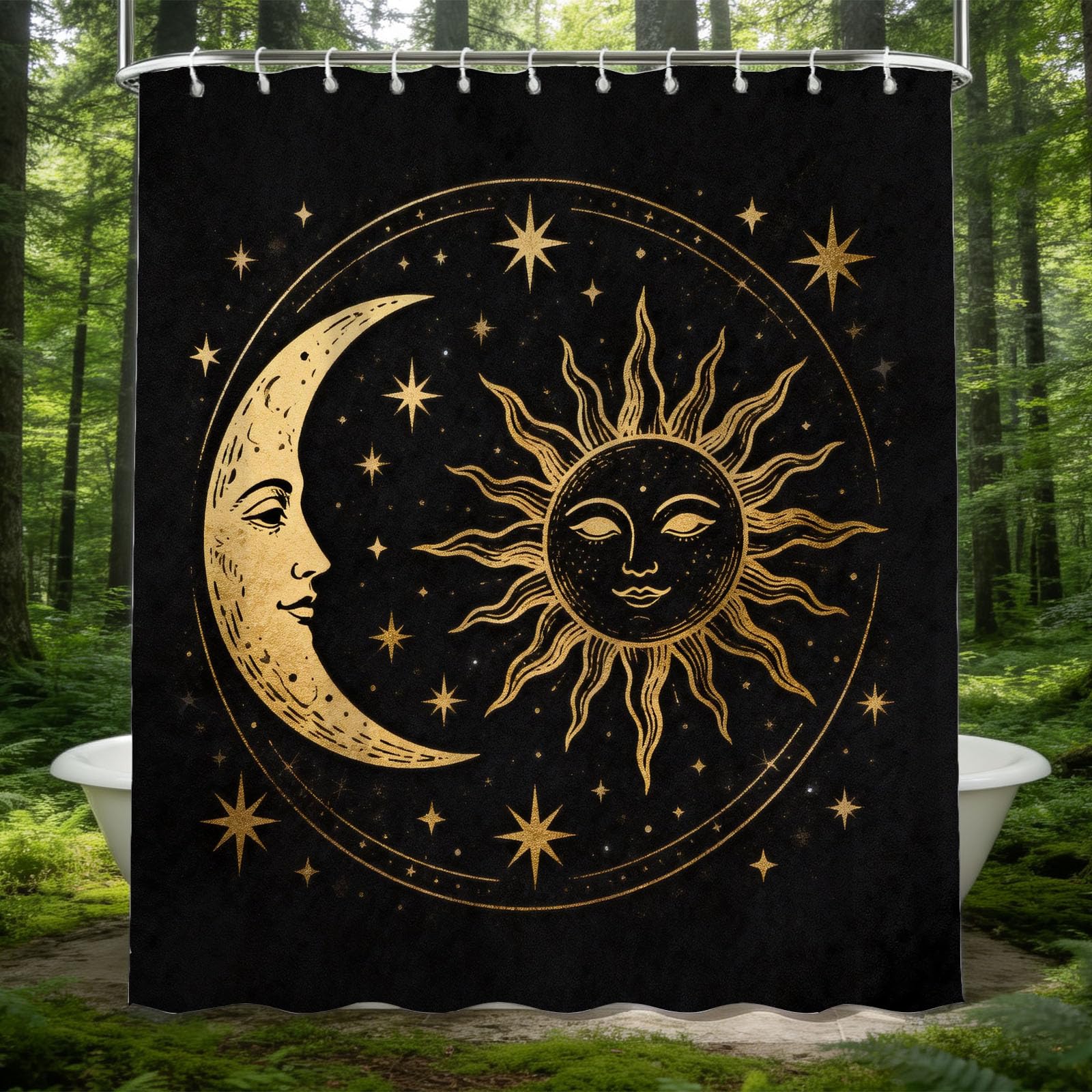 Hongduo 3D Sun Moon Shower Curtain for Stalls Bathtubs Astrology Bathroom Decor Shower Curtain Set Polyester Fabric Waterproof 180x200cm/71X79 Inch with Hooks