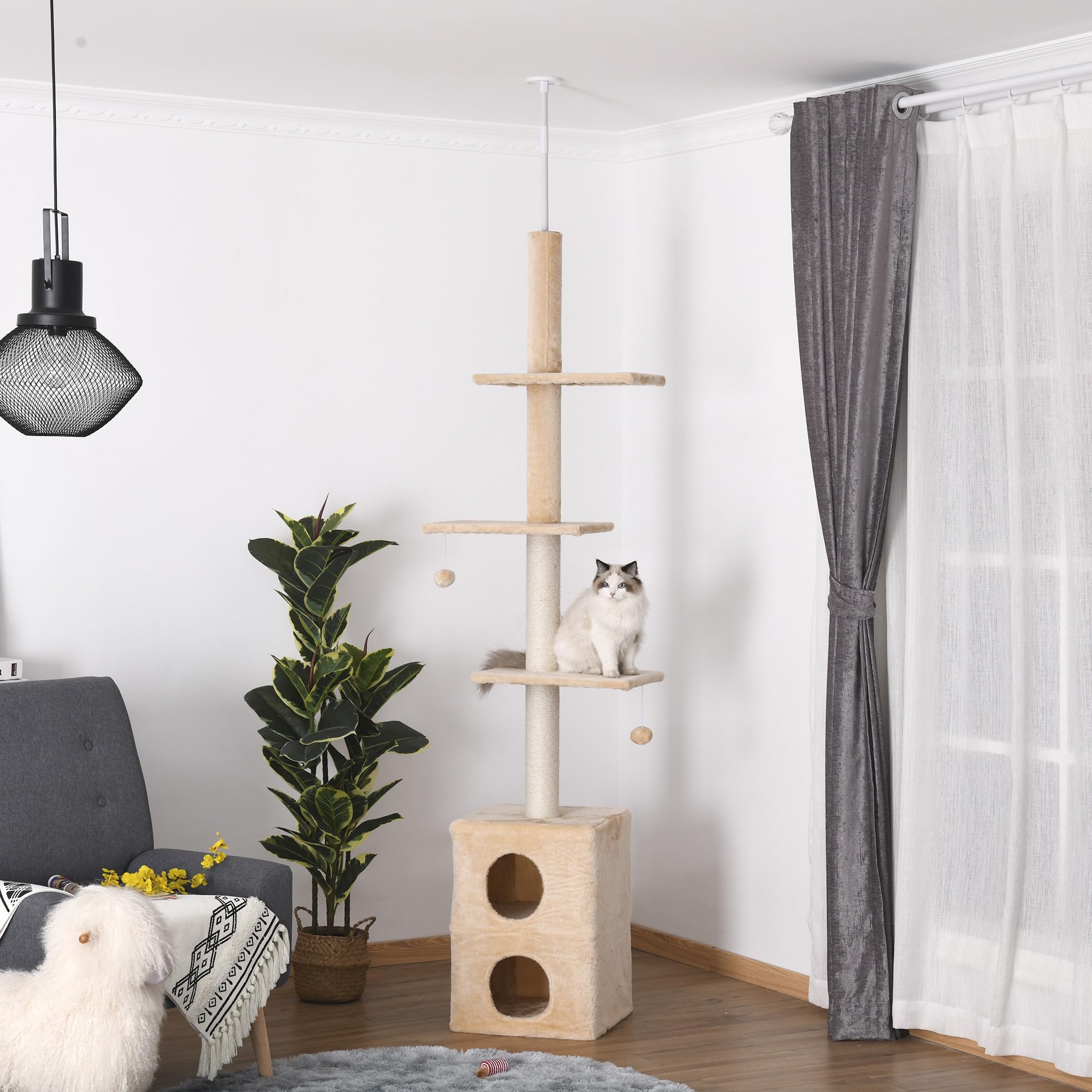 PawHut Tiragraffi a Soffitto Multilivello 220-245cm, per Gatti Giallo