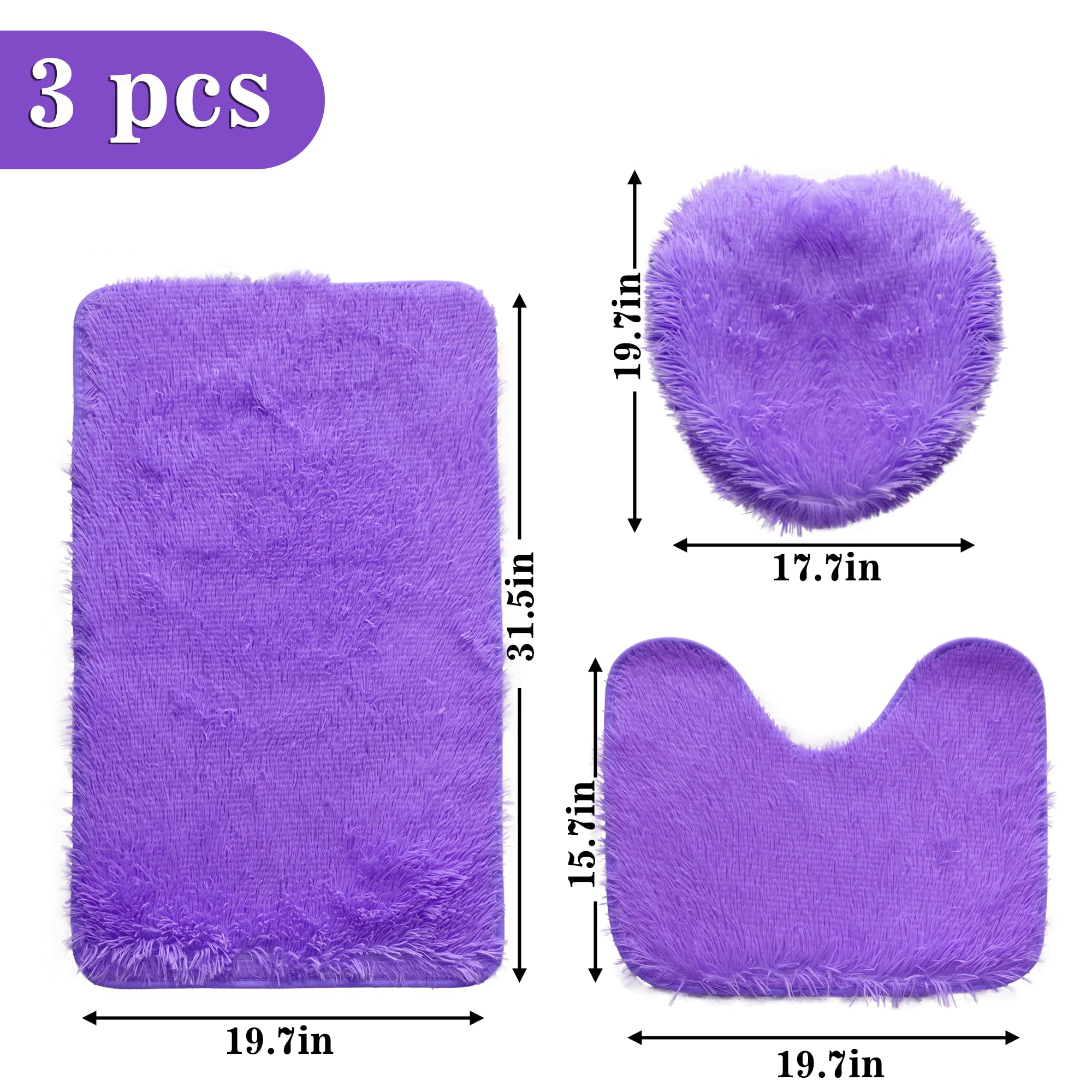 Juego de 3 alfombras de baño peludas moradas para baño, antideslizantes, absorbentes de agua, alfombras de baño suaves y lavables con contorno en forma de U, cubierta para tapa de inodoro 2