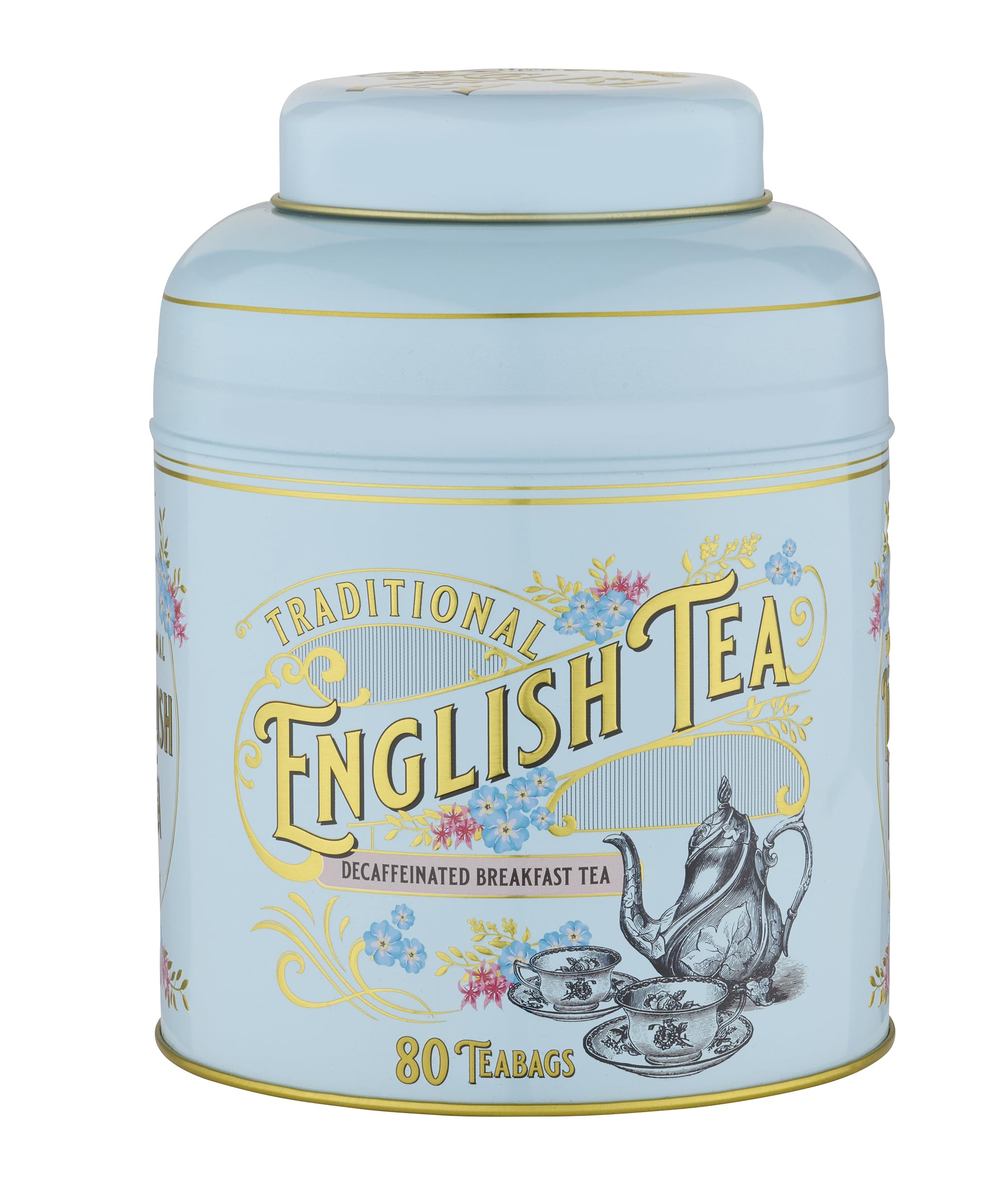 New English Teas Vintage Victorian Powder-Blue Tea Caddy with 80 Decaffeinated Breakfast Teabags
