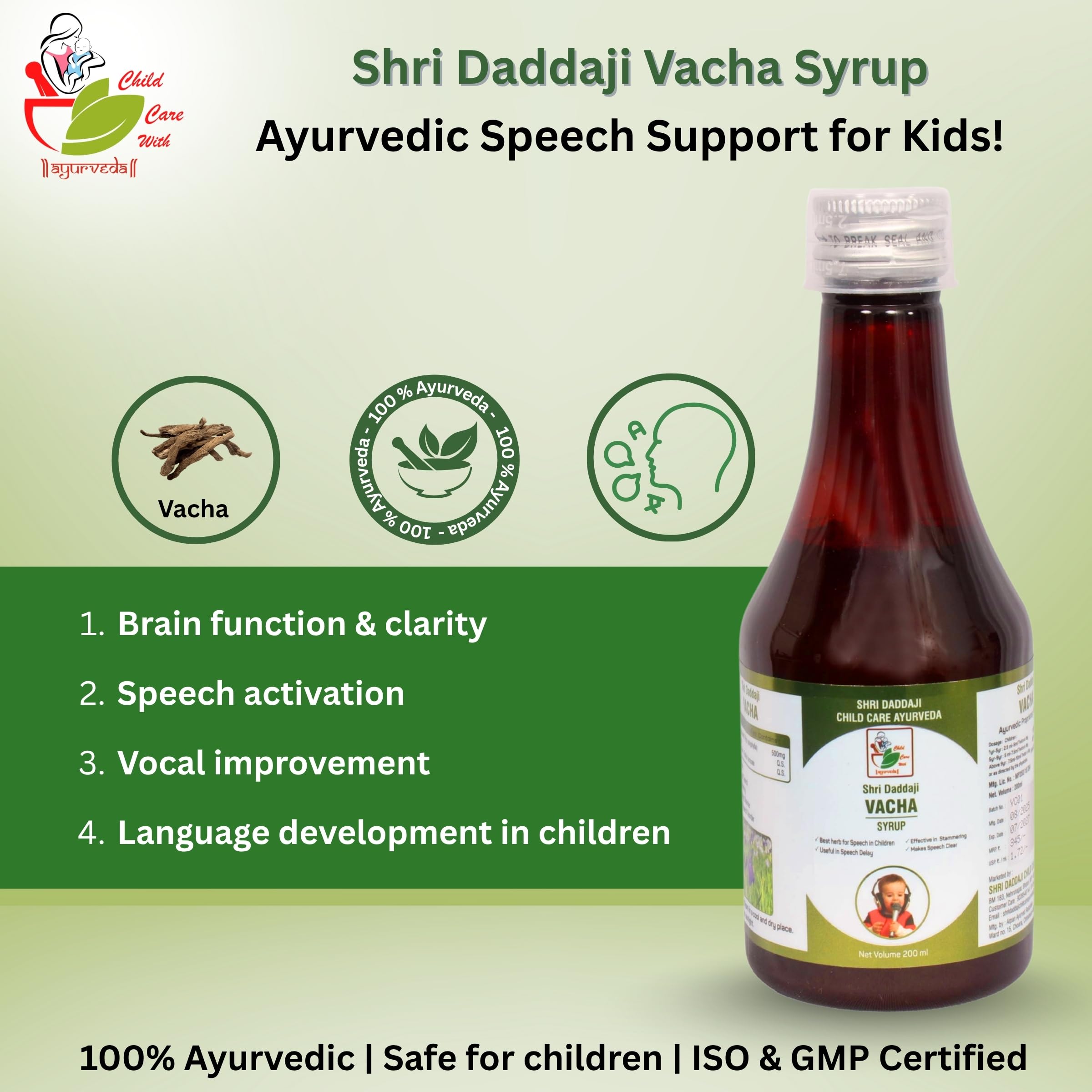 Shri Daddaji Vacha Syrup – Ayurvedic Herbal Syrup for Speech Delay, Stammering & Clear Speech in Children | 200 ml | Shri Daddaji Child Care Ayurveda - Image 2 thumbnail
