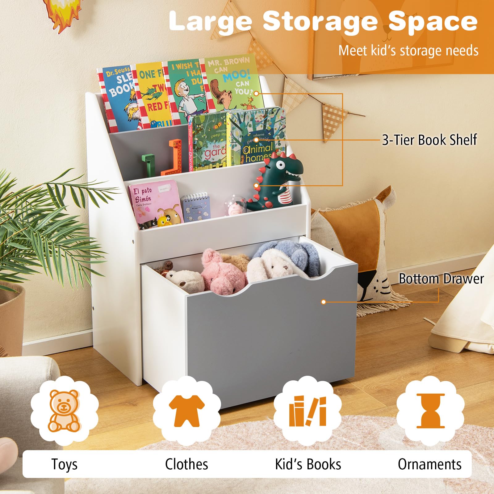 RELAX4LIFE Libreria in Legno per Bambini, Scaffale Porta Giochi con Cassetto e Ripiani Aperti, Organizzatore Multifunzionale per Camera da Letto e Asilo
