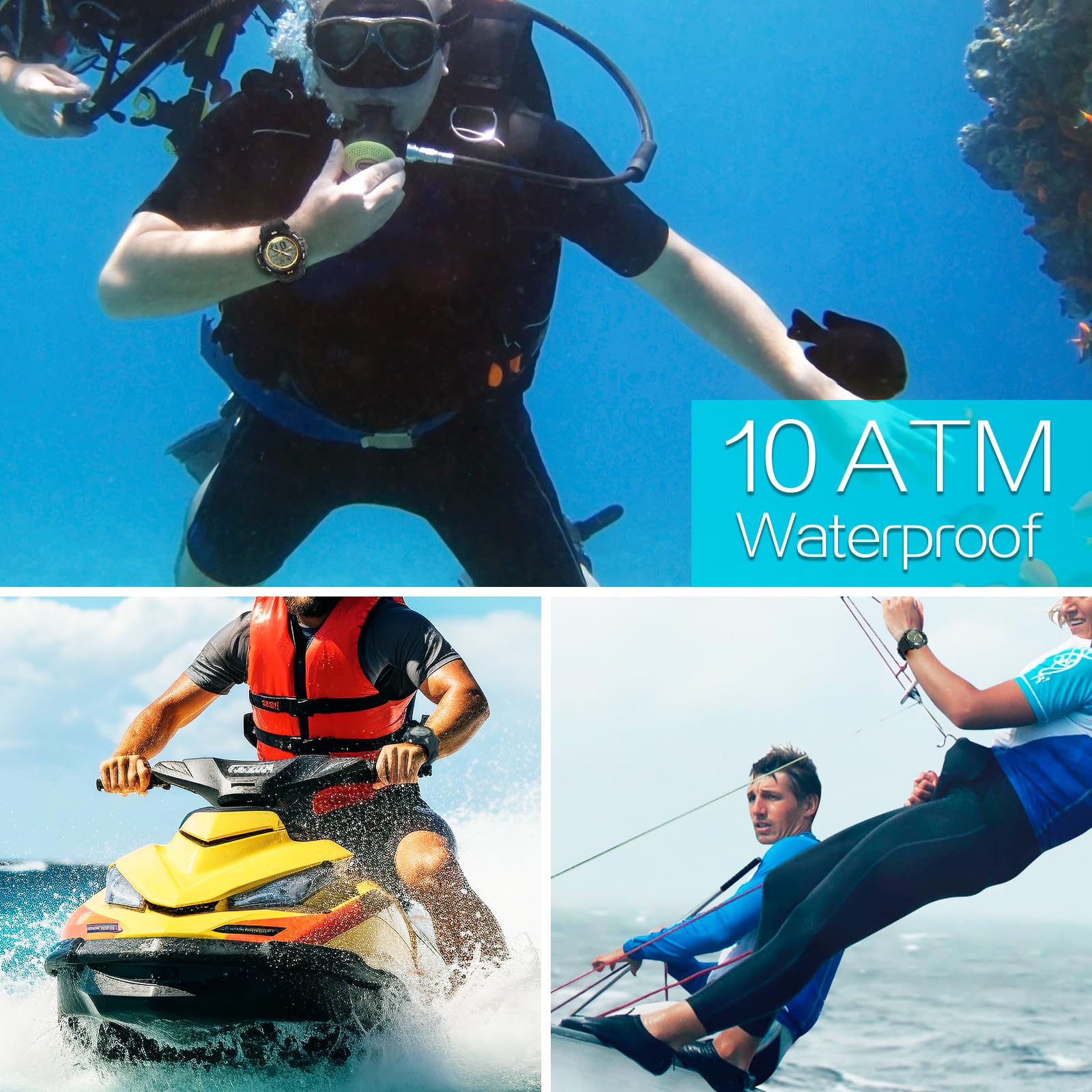 Robuste Sportuhr für Herren mit Digitaler und Analoger Anzeige, 10 Atmosphärischer Druck Wasserdicht zum Schwimmen und Tauchen, Wecker, Stoppuhr, Countdown, Zweite Zeitzone, Kalender