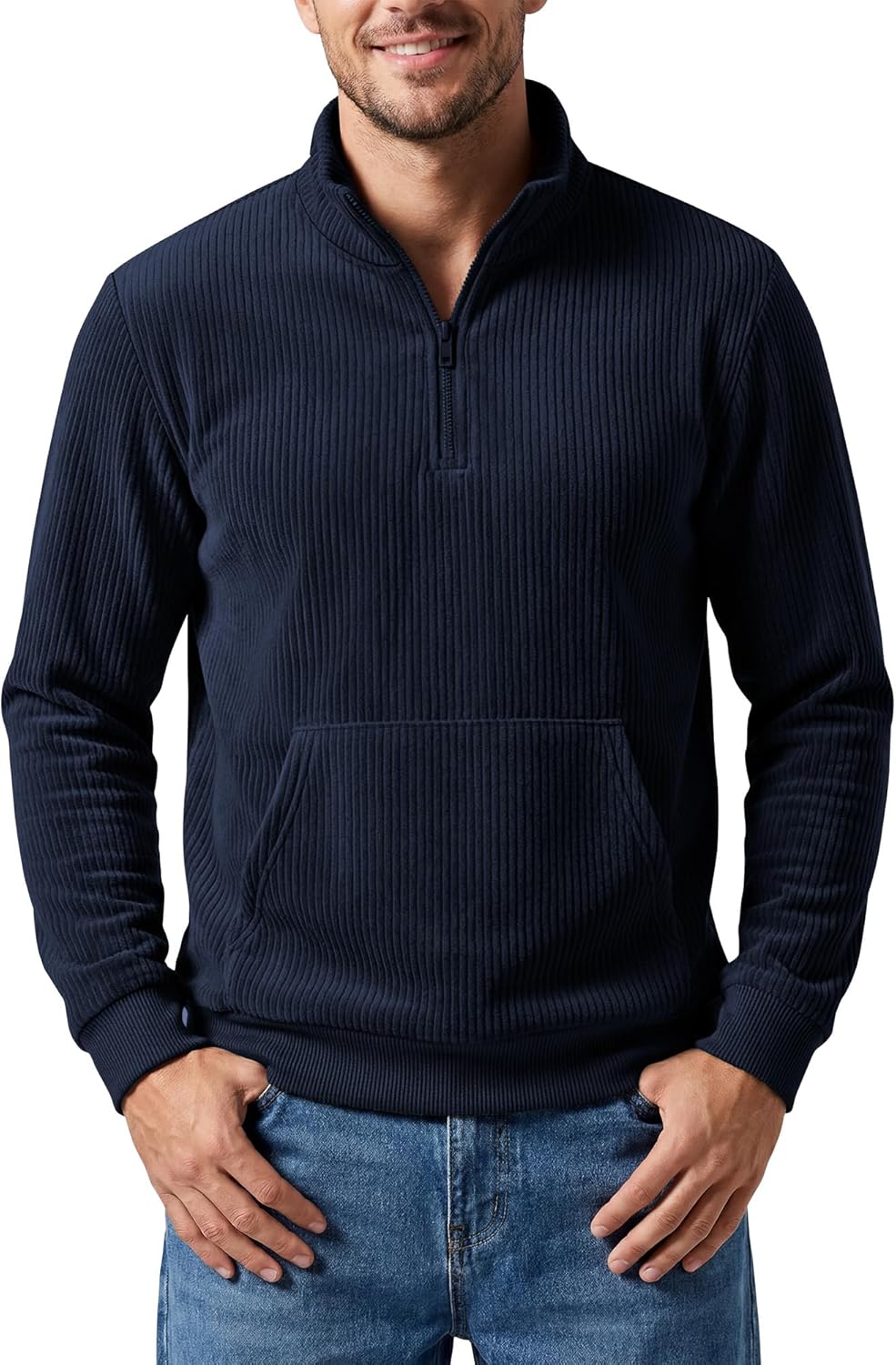 Men's Quarter Zip Sweatshirt Long Sleeve Lightweight Corduroy Pullover Stand Collar Casual Top Shirt with Pocket