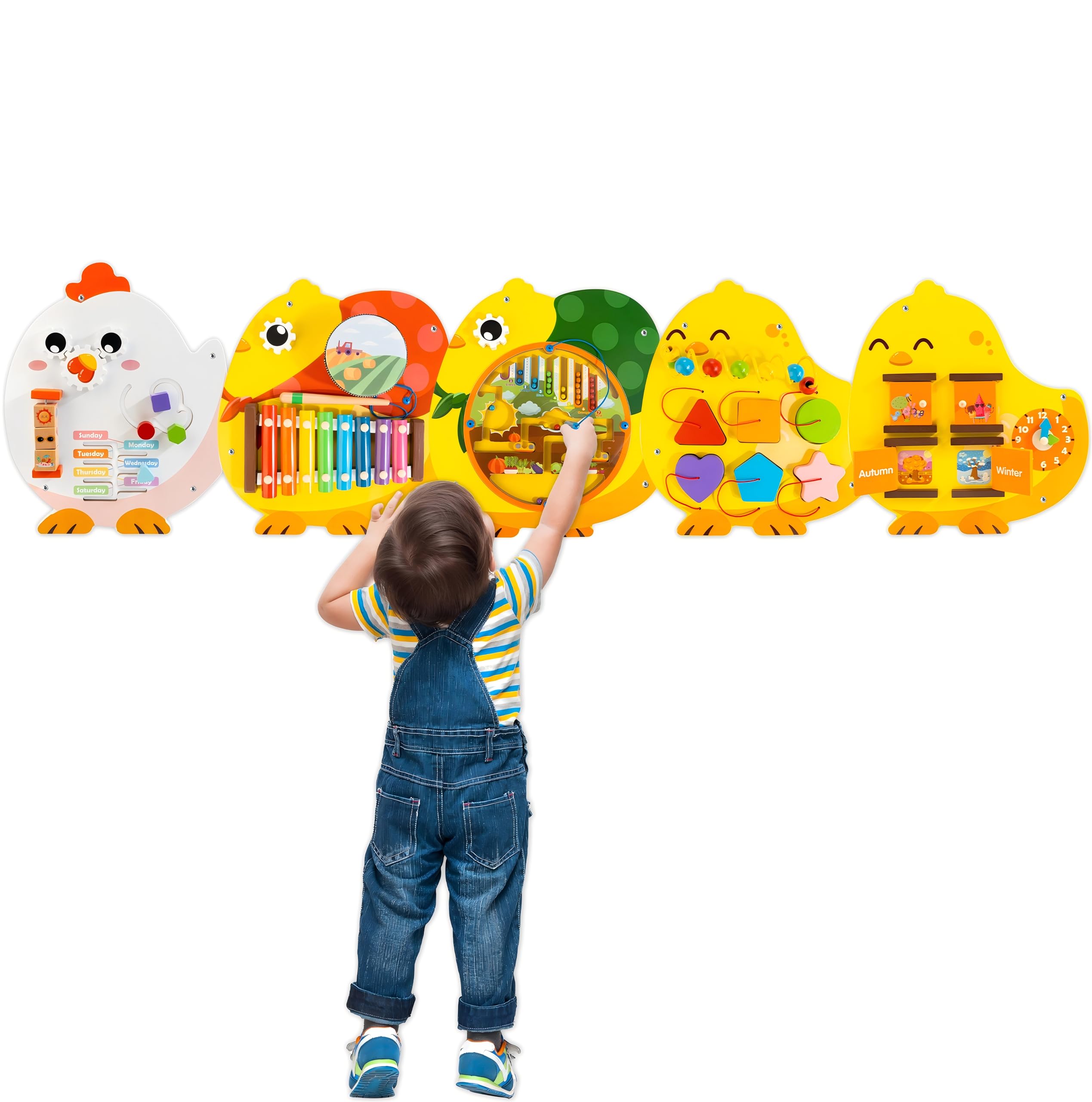 WOODMAM Chicken Activity Wall Panels, 11-in-1 Wall-Mounted Chicken Busy Board Wooden Learning Toys Educational Sensory Board Playroom Nursery Classroom Daycare Learning Toy for Girls Boys