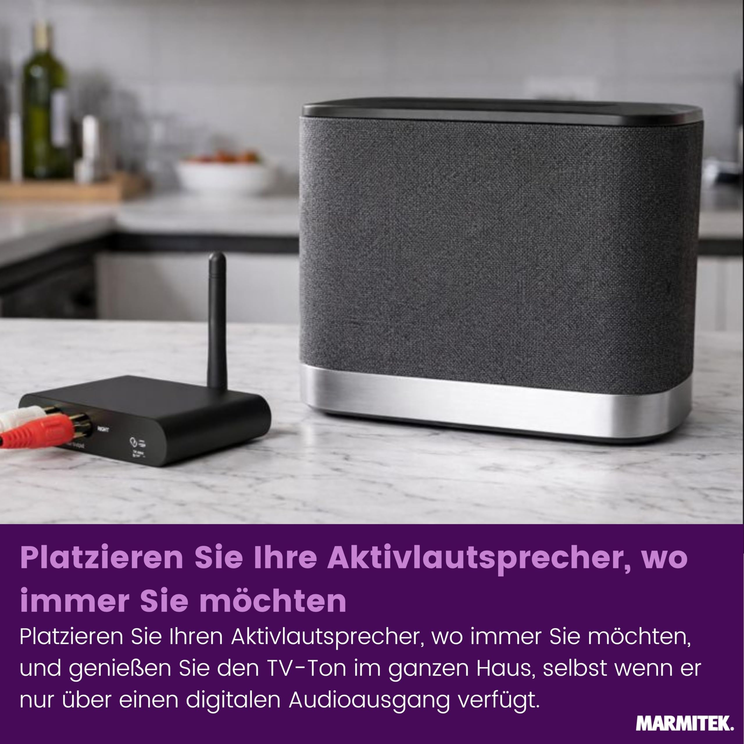 Marmitek Audio Anywhere 730 - Kabelloser Audio Sender für TV HDMI ARC | TV-Ton kabellos an Soundbar, Aktivlautsprecher oder Stereoanlage, optisch, RCA, USB-C, Low Latency und Multiroom