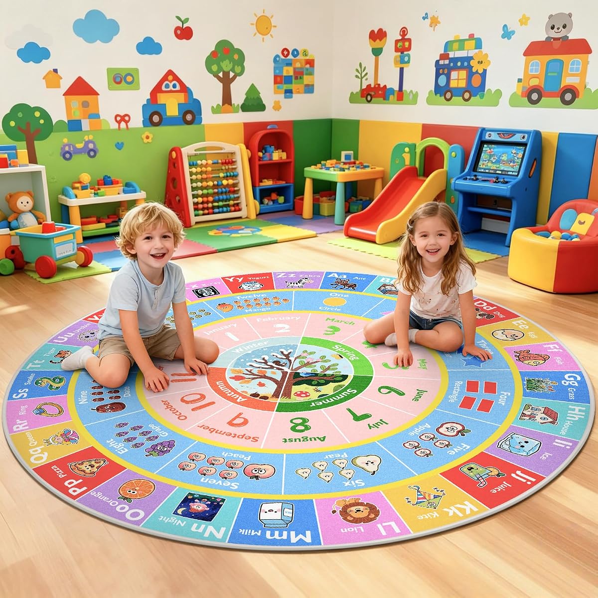 ABC Kids Rug for Playroom, 4ft Round Alphabet Small Classroom Rug | Non-Slip Washable Kids Play Rug, Educational Area Rug for Bedroom to Learn Numbers Shapes Seasons